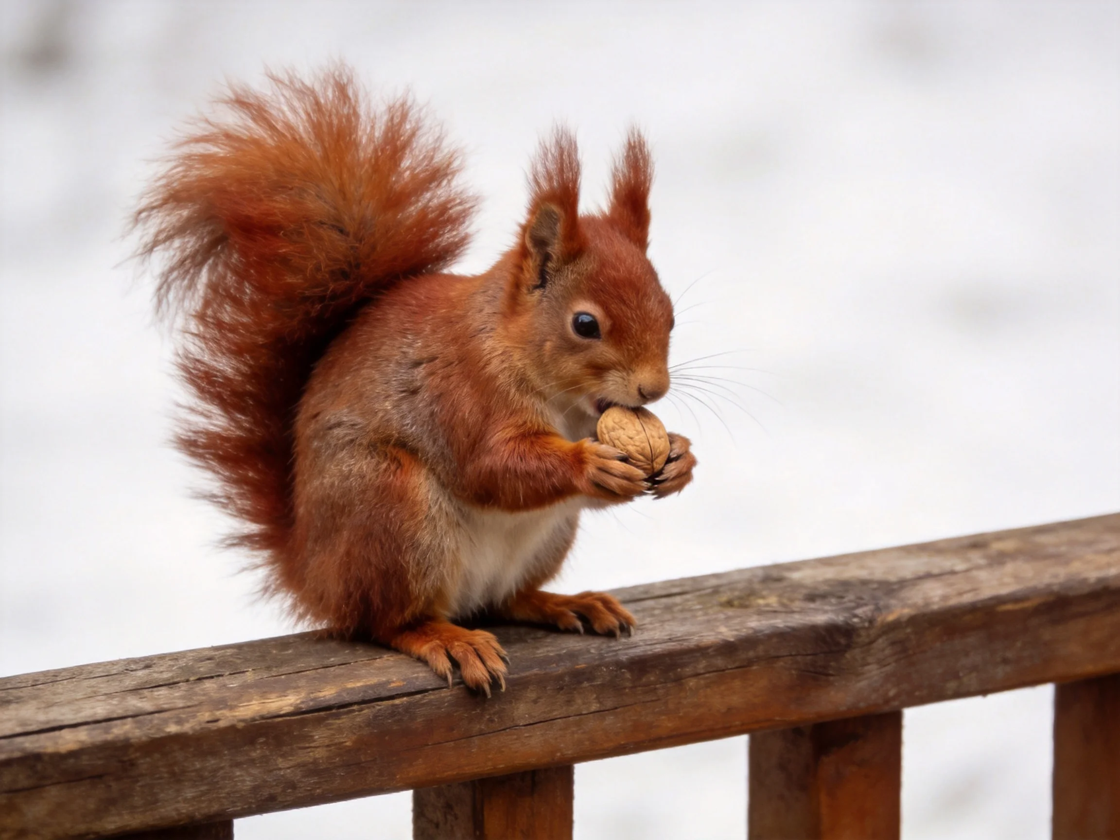 A vibrant red squirrel nibbles a walnut atop a weathered wooden railing