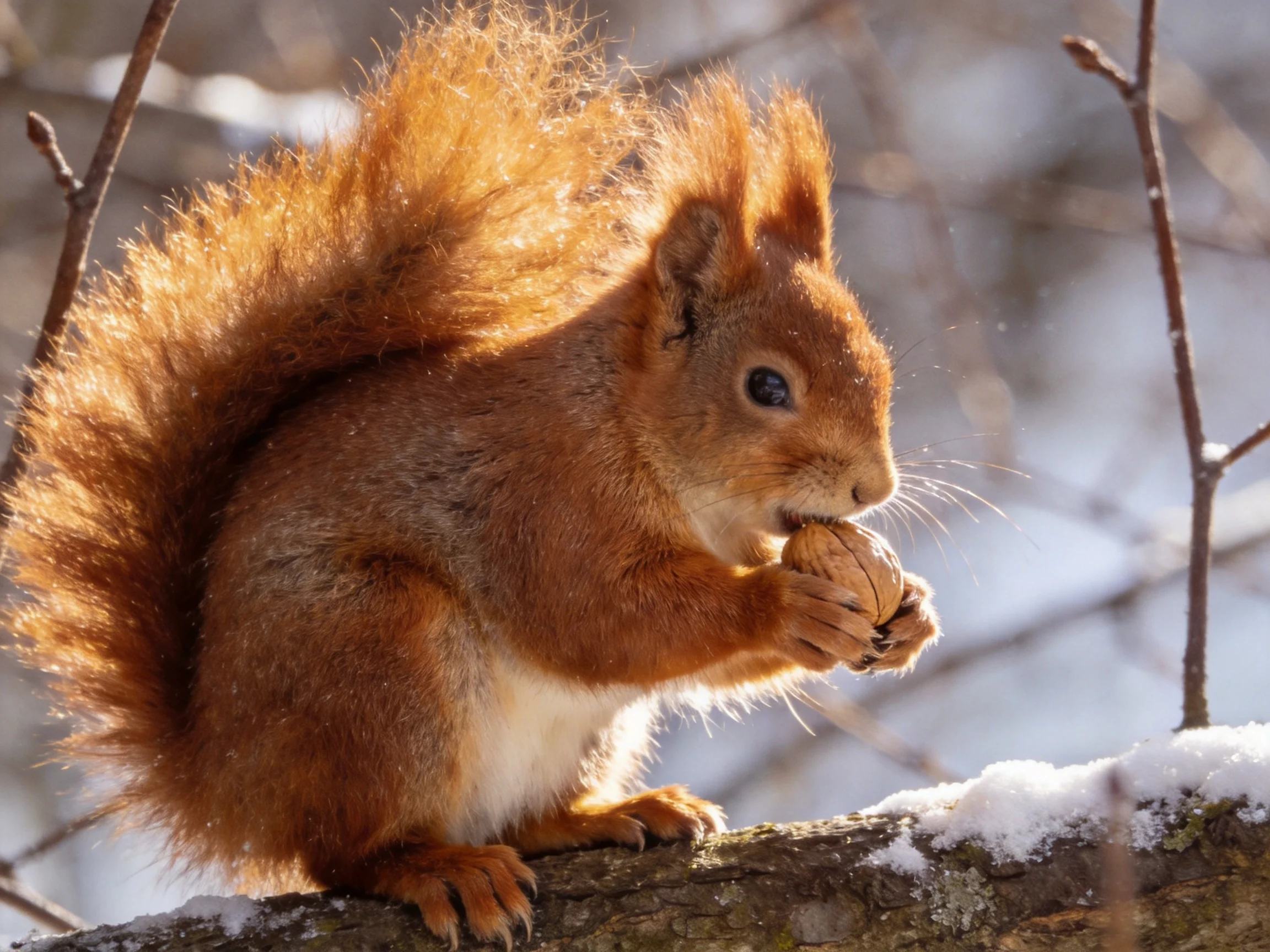 A vibrant red squirrel nibbles a walnut on a snow-dusted branch