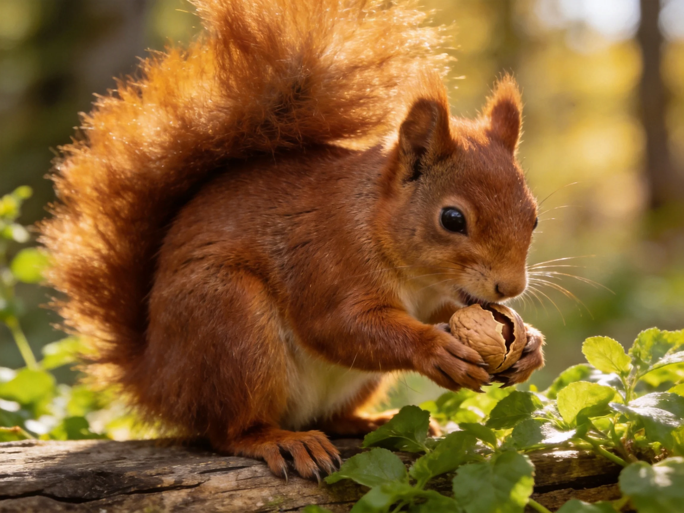 A vibrant red squirrel nibbles a walnut on a sunlit wooden log