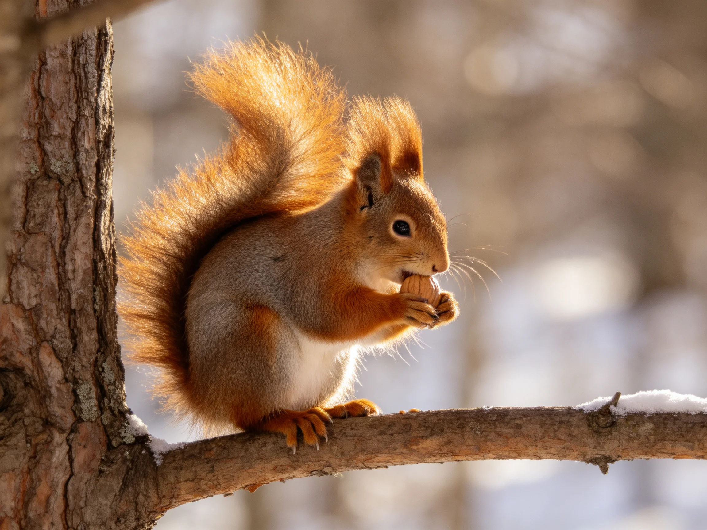 A vibrant red squirrel nibbles nut on snow-dusted branch