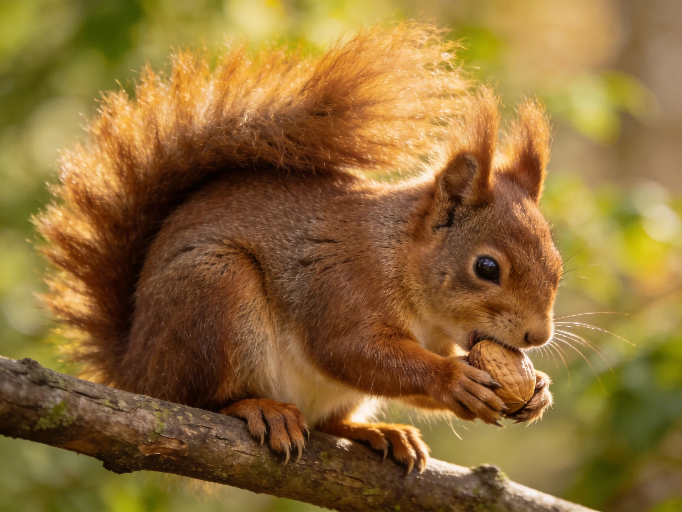 A vibrant red squirrel nibbling a nut on a weathered tree branch