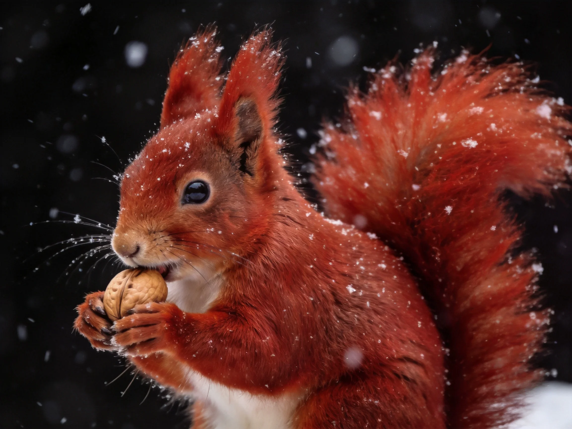 A vibrant red squirrel nibbling a walnut amid falling snowflakes