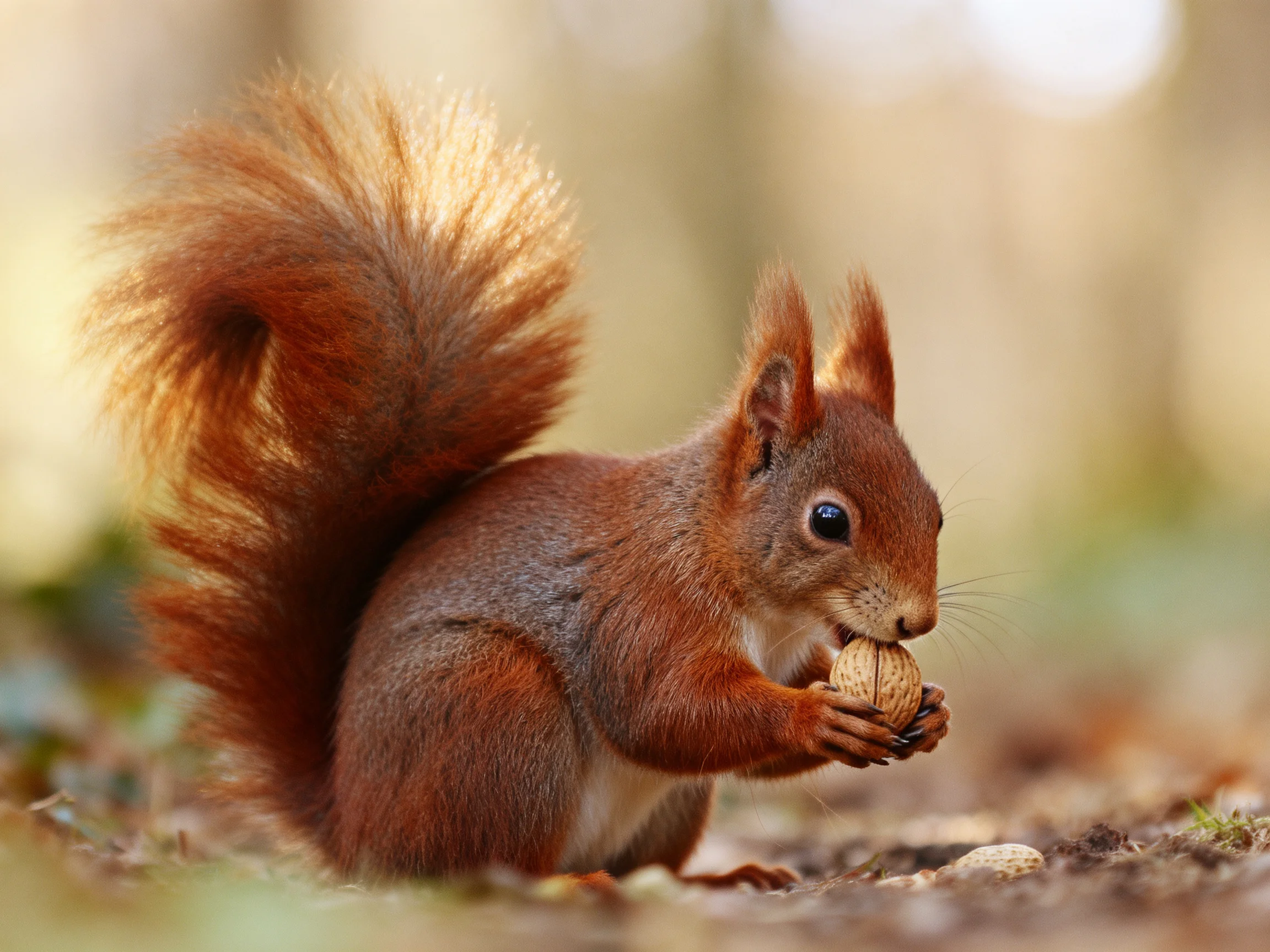 A vibrant red squirrel nibbling a walnut in a forest setting