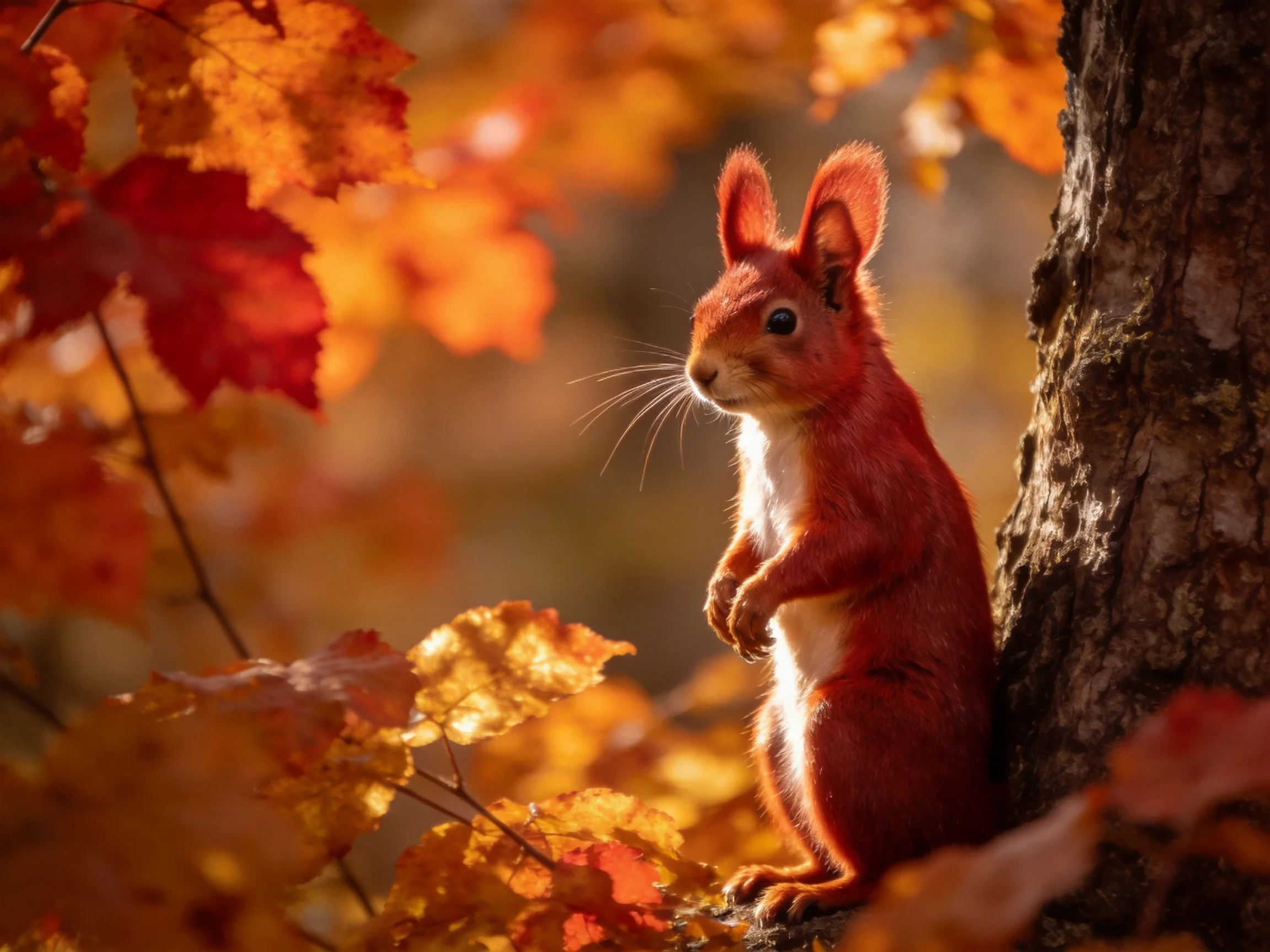 A vibrant red squirrel perched near a tree amid golden autumn foliage