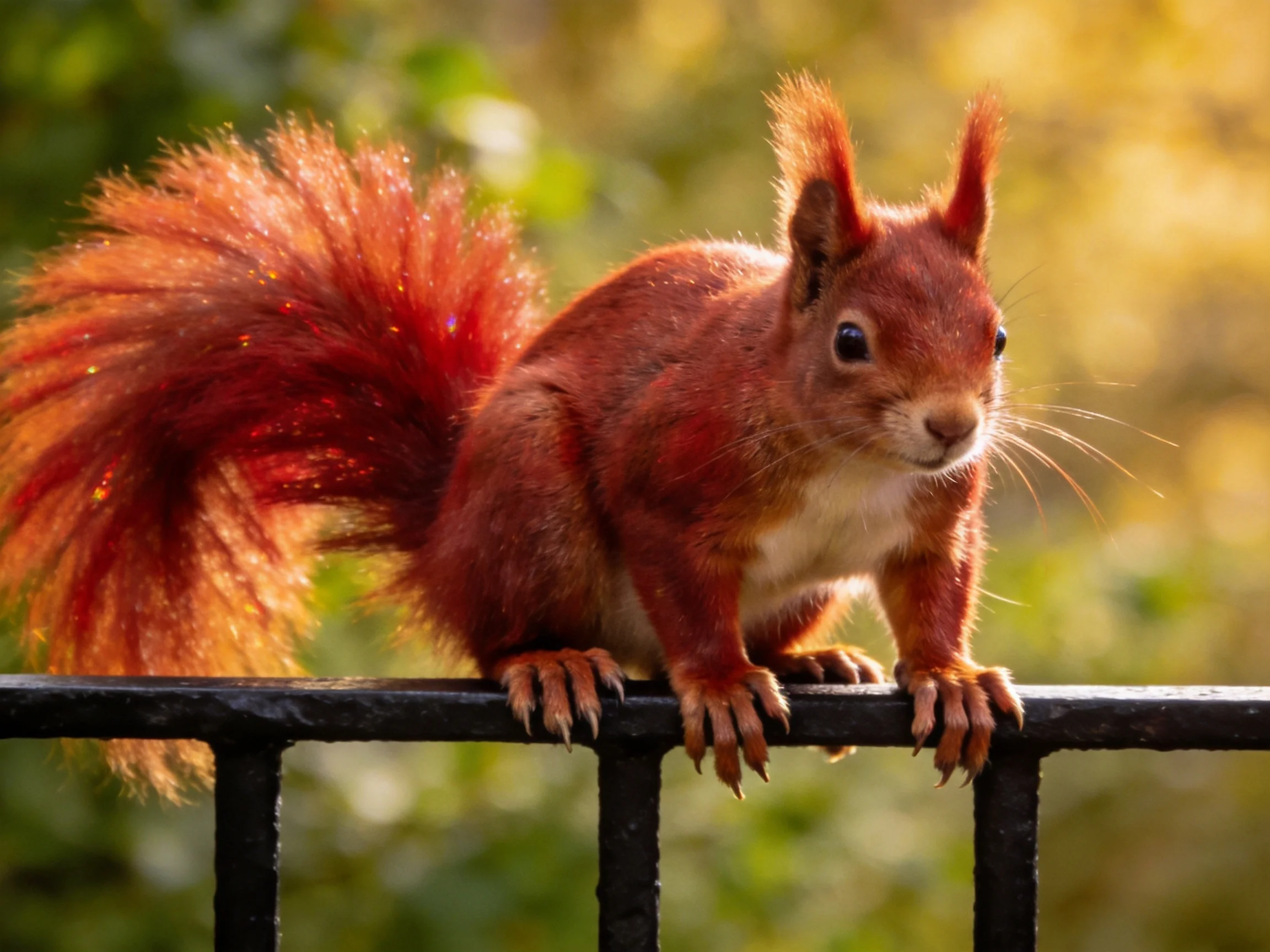 A vibrant red squirrel perched on a dark metal fence