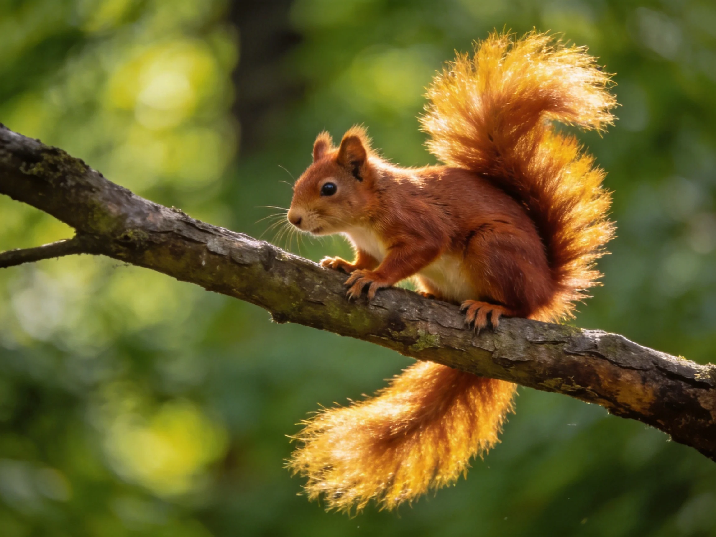 A vibrant red squirrel perched on a gnarled tree branch