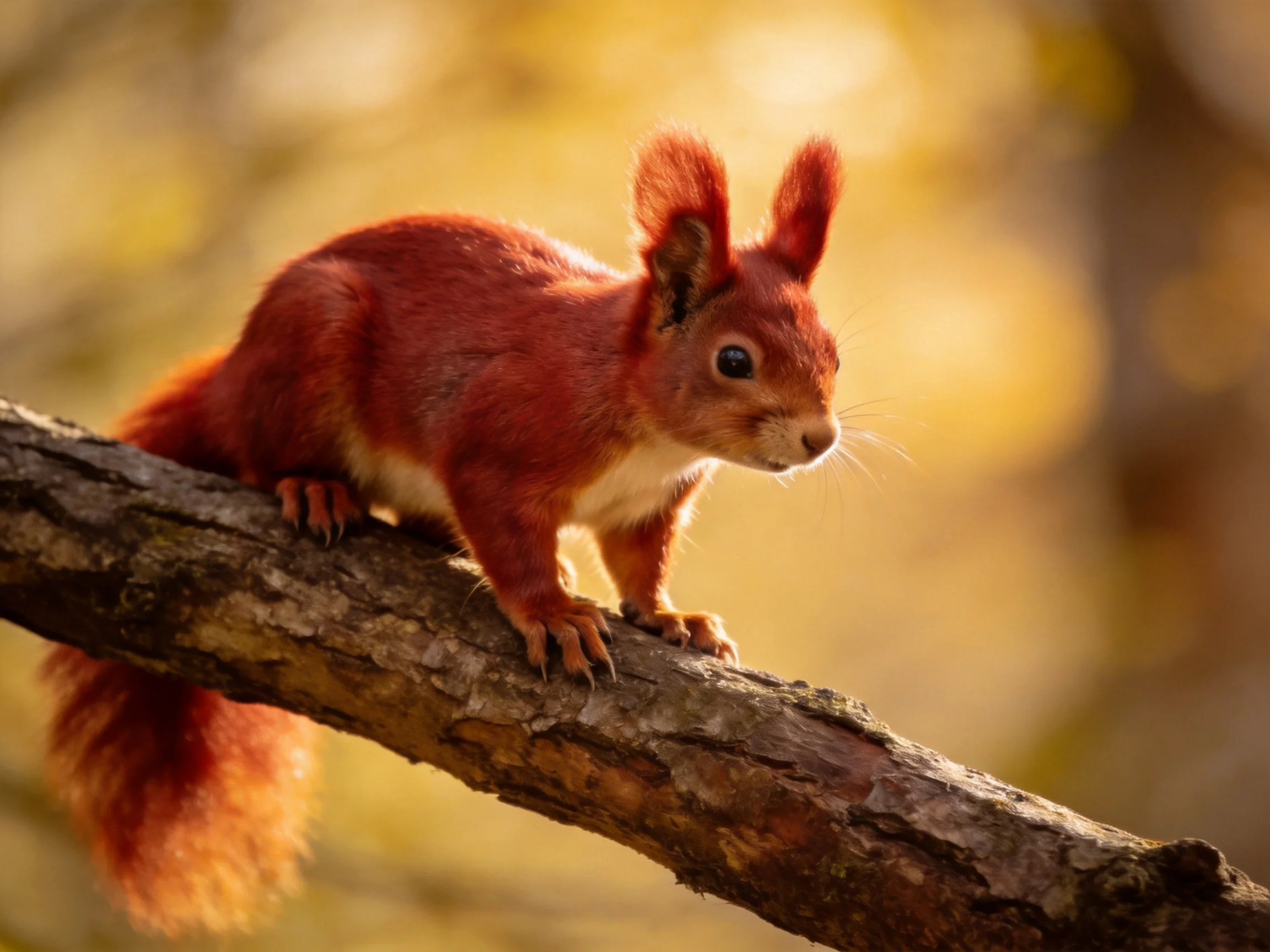 A vibrant red squirrel perched on a gnarled tree branch