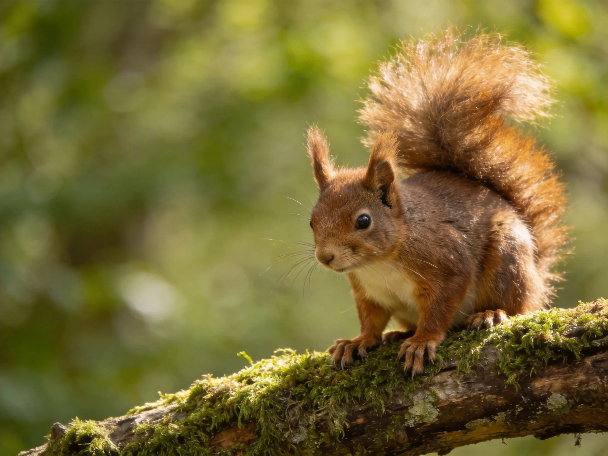 A red squirrel stands alert on a mossy tree branch in a sunlit forest.