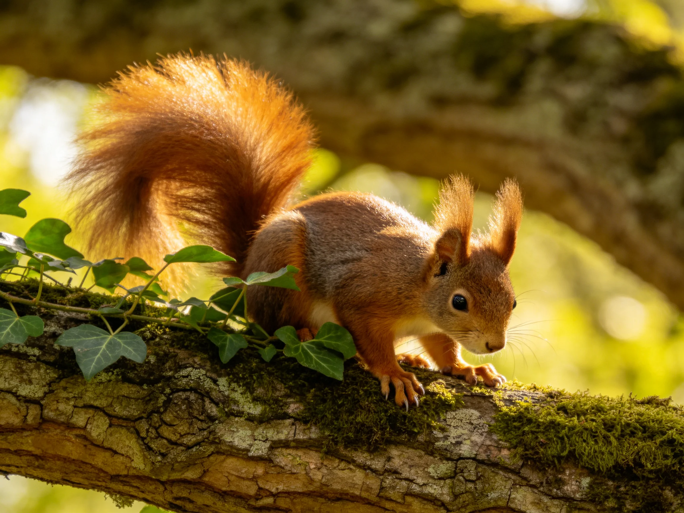A red squirrel explores a mossy tree branch with surrounding greenery.
