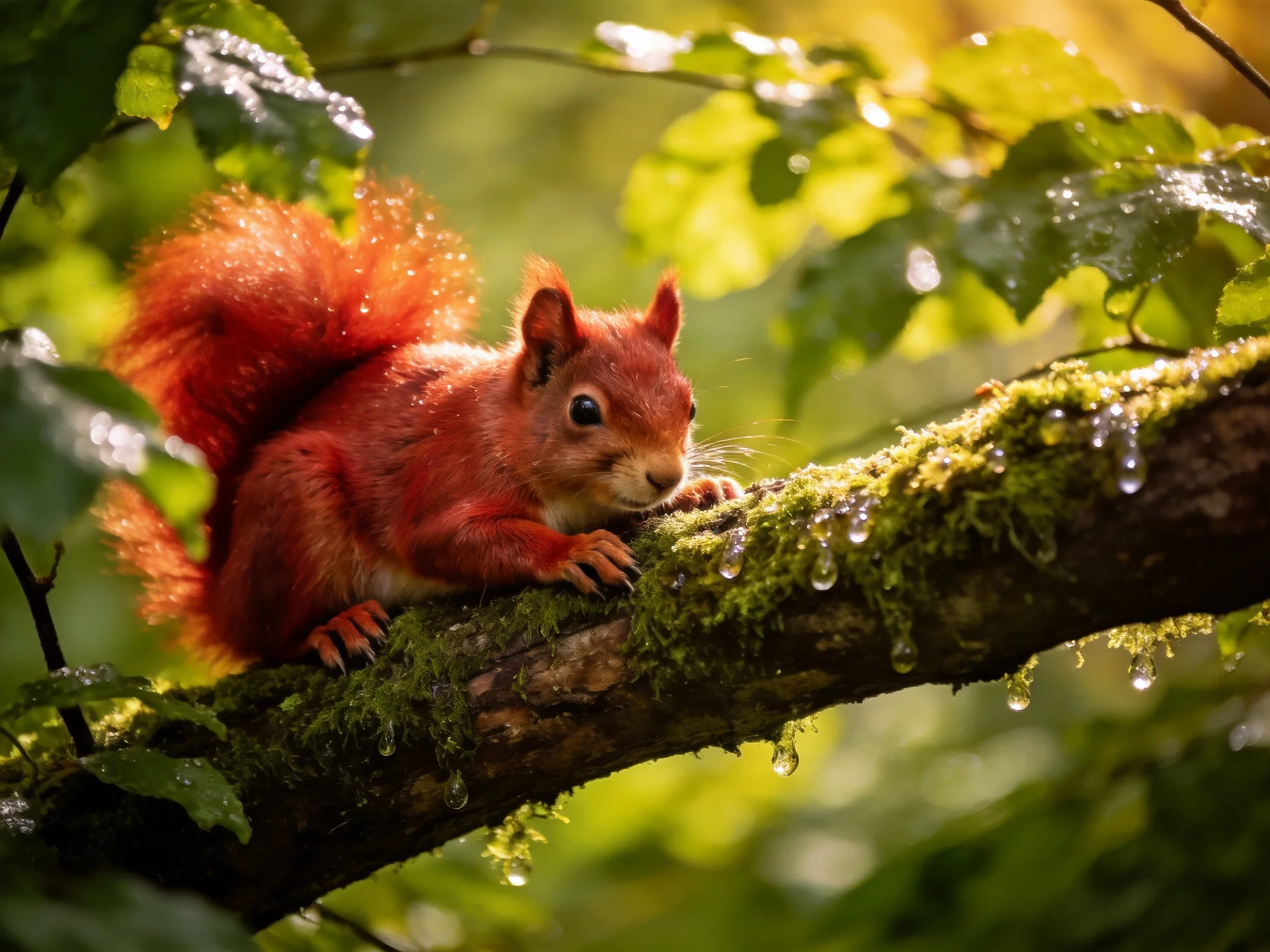 A vibrant red squirrel perched on a moss-covered tree branch