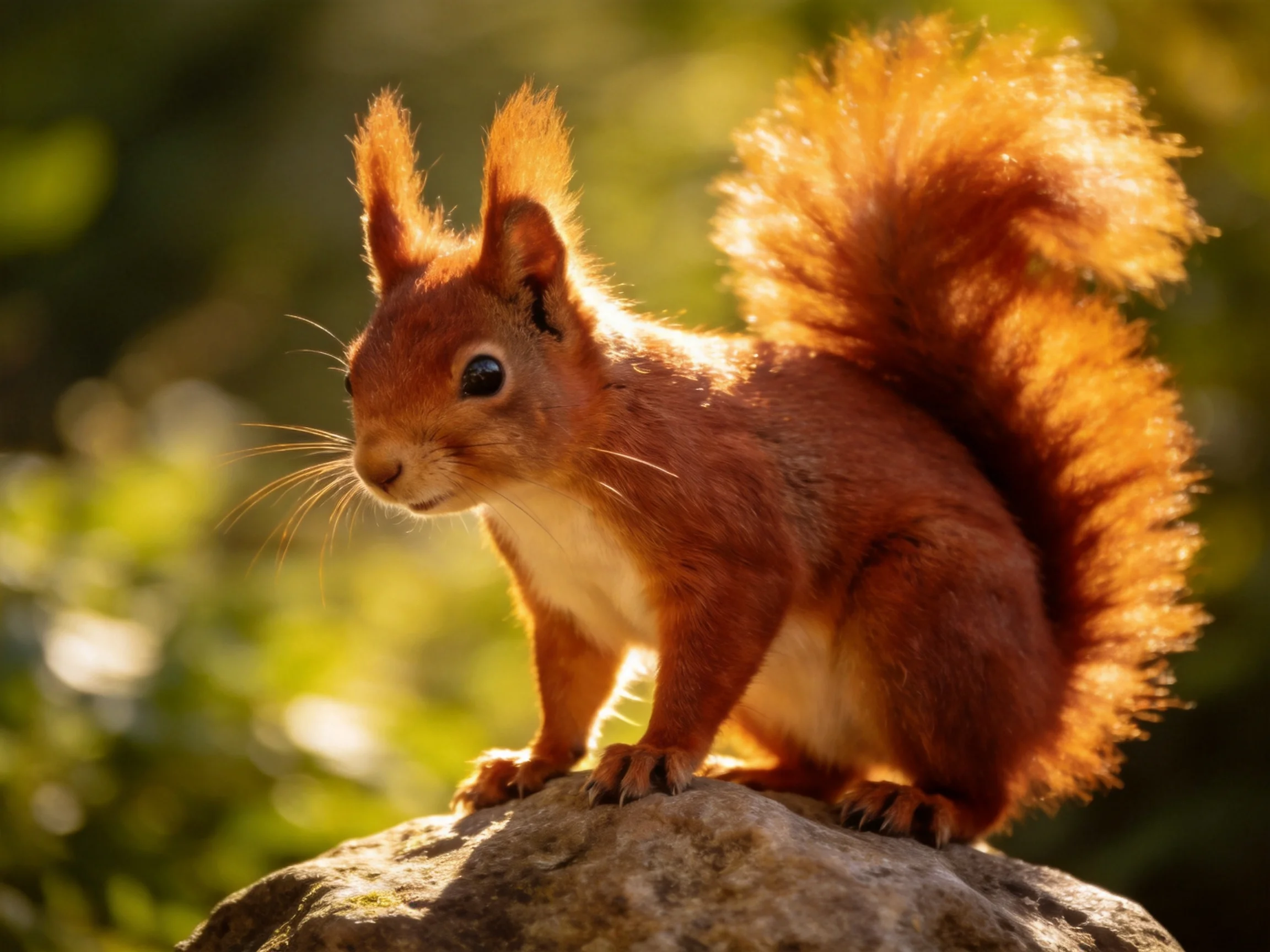 A red squirrel stands alert a rock in a sunlit, blurred natural setting.