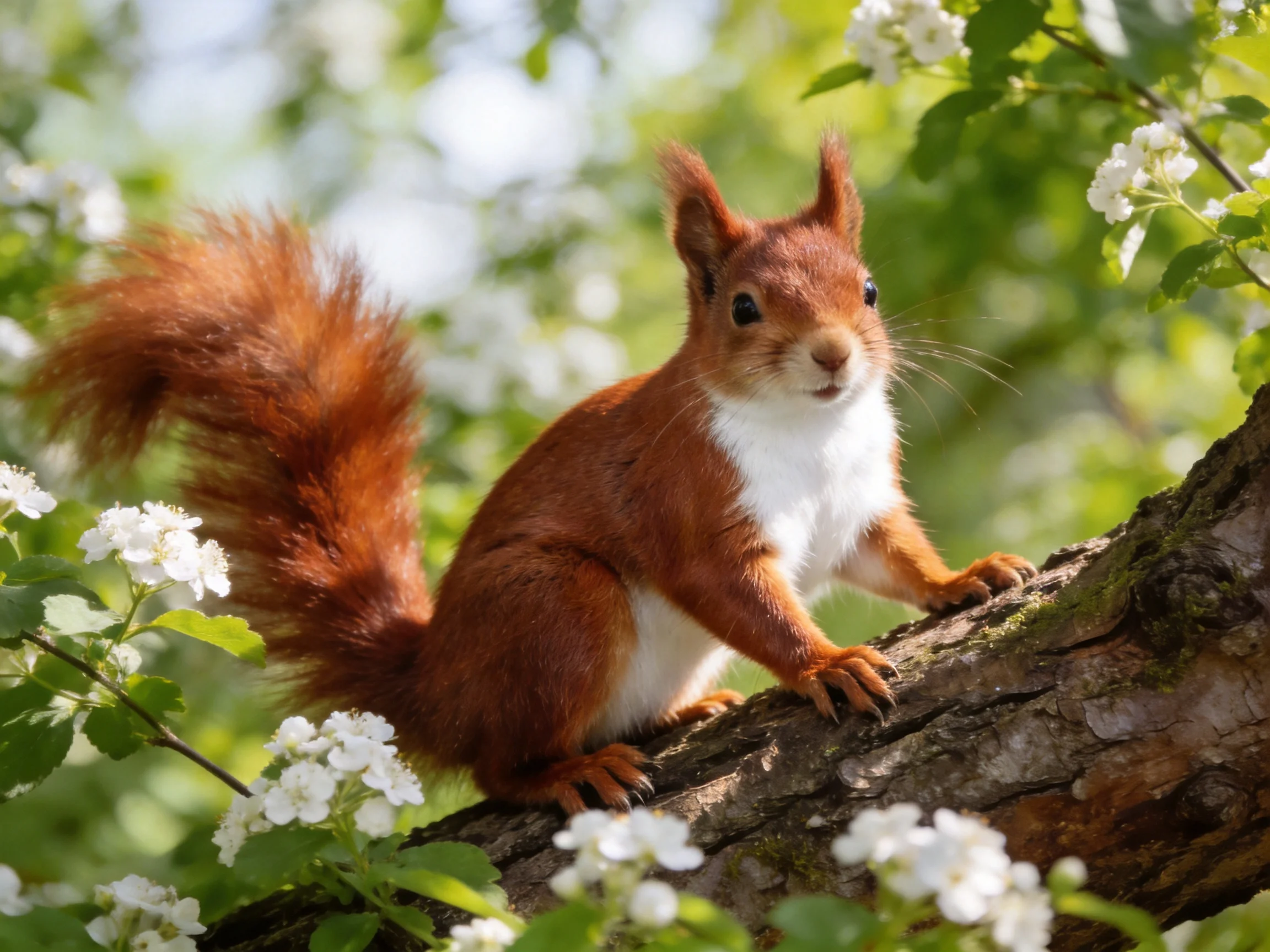 A red squirrel rests on a tree branch surrounded by white flowers.