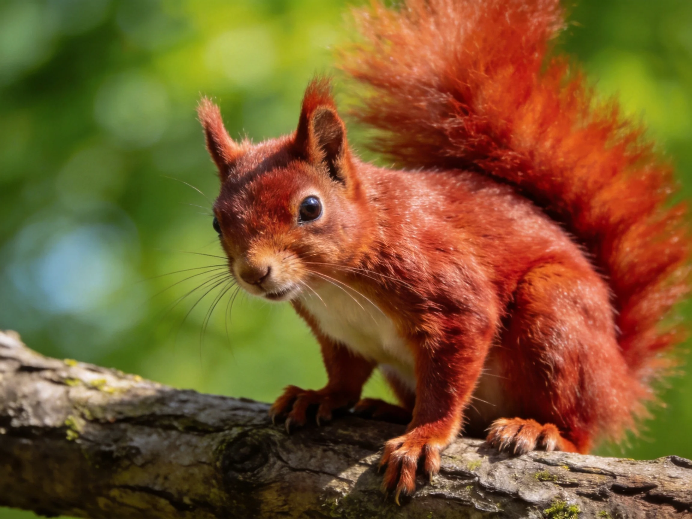 A vibrant red squirrel perched on a mossy tree branch