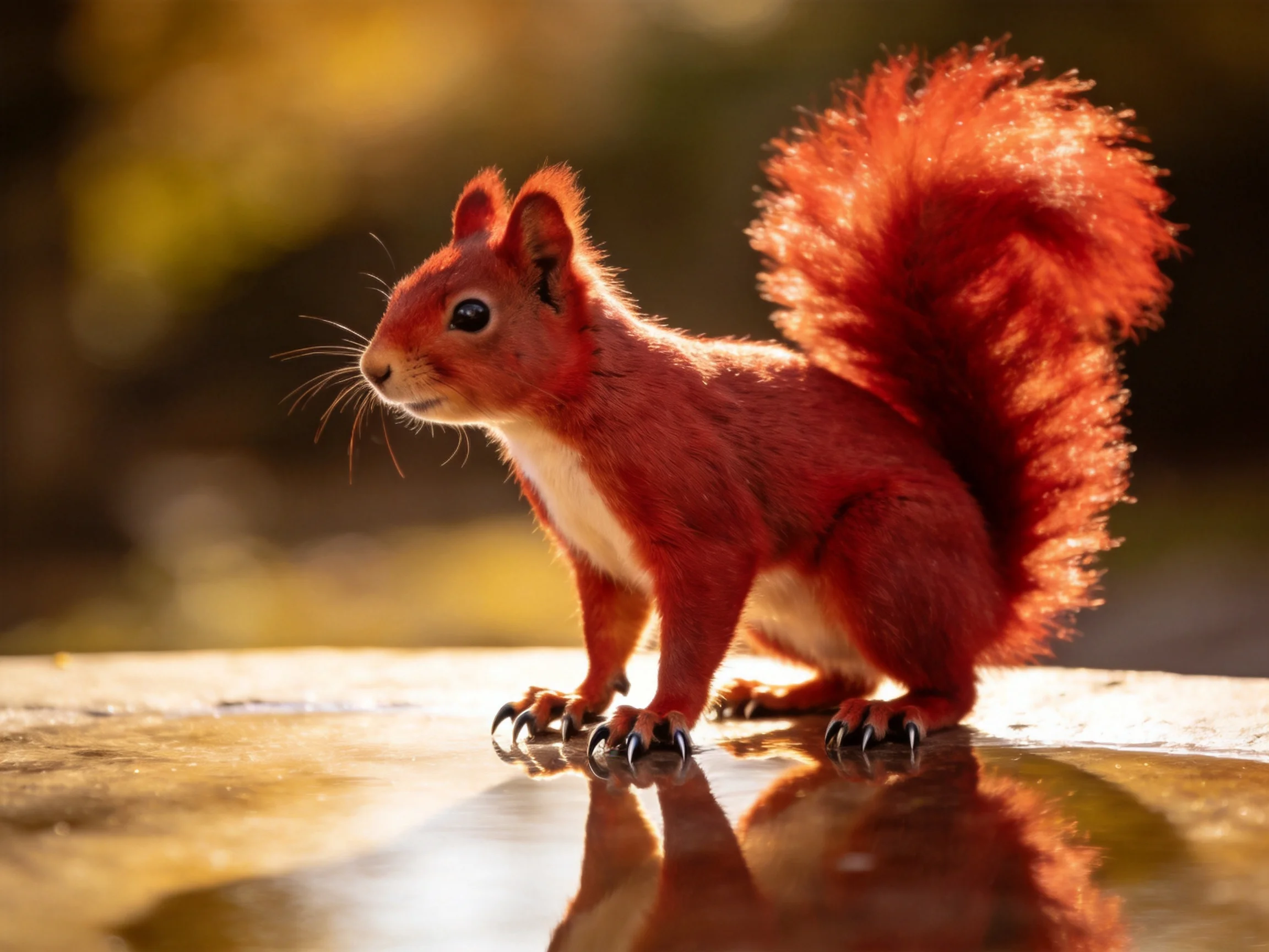 A vibrant red squirrel perched on a reflective surface in warm, golden light