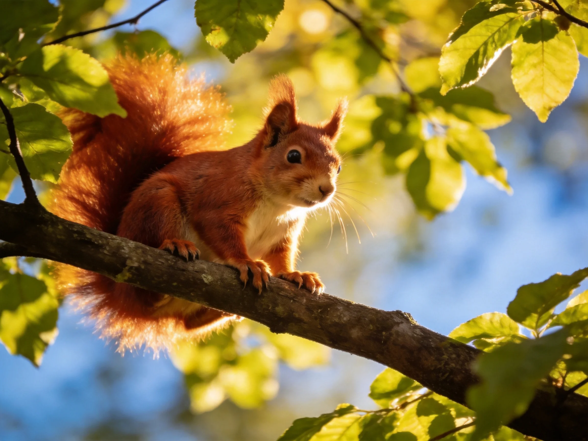 A vibrant red squirrel perched on a tree branch amid green foliage
