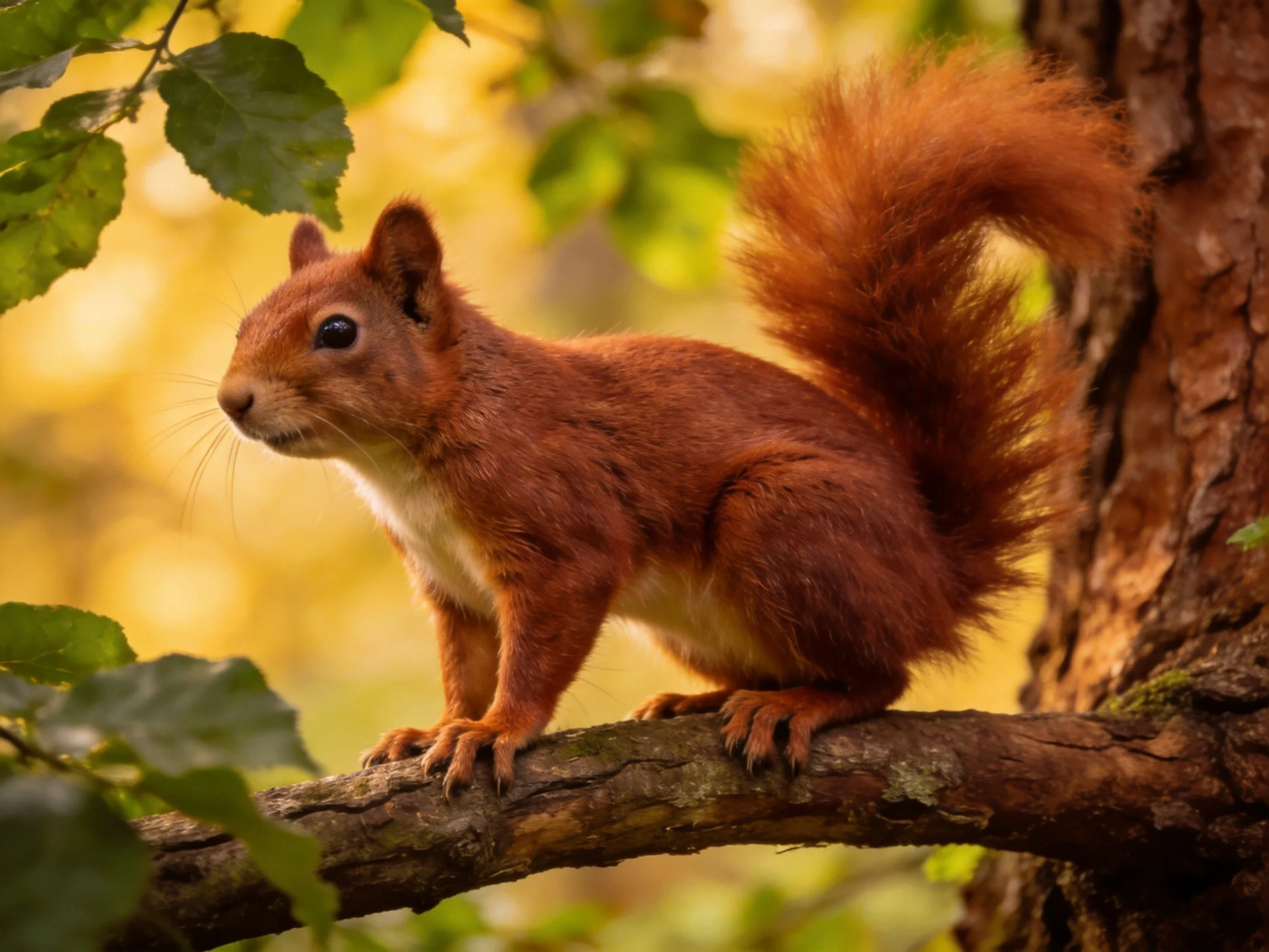 A vibrant red squirrel perched on a tree branch amid green foliage