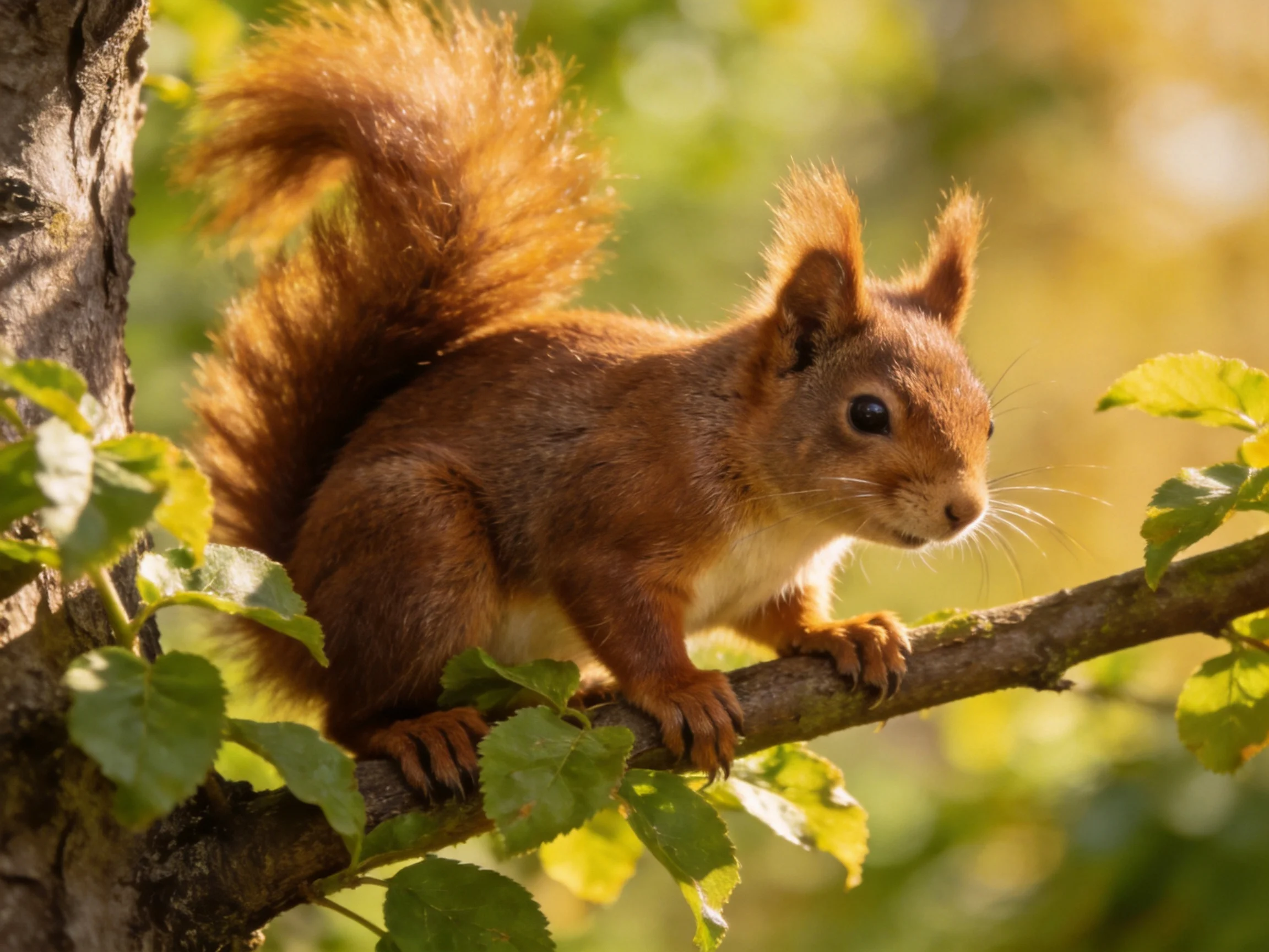 A vibrant red squirrel perched on a tree branch amid green foliage