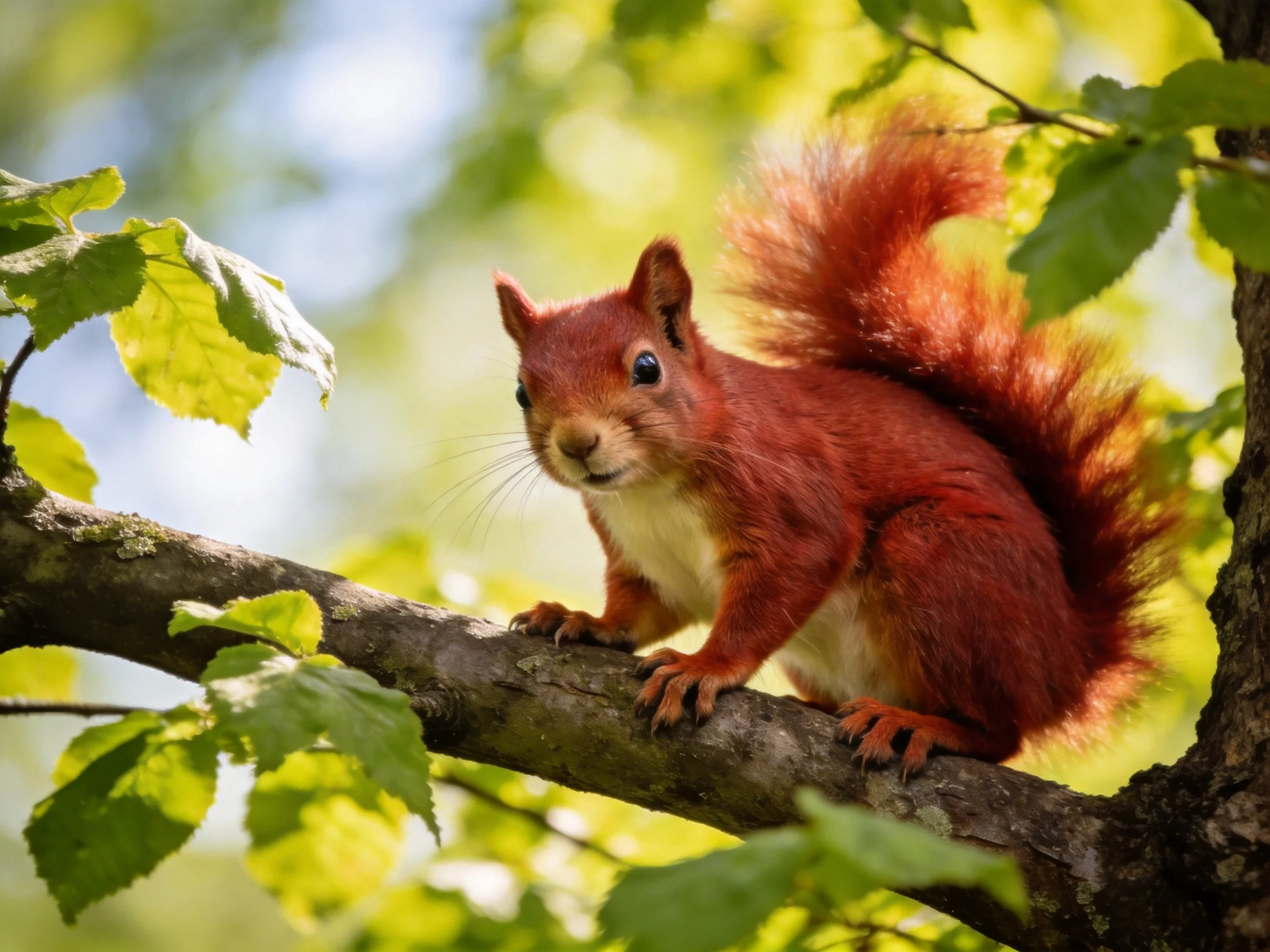 A red squirrel sits alertly on a tree branch surrounded by green leaves.
