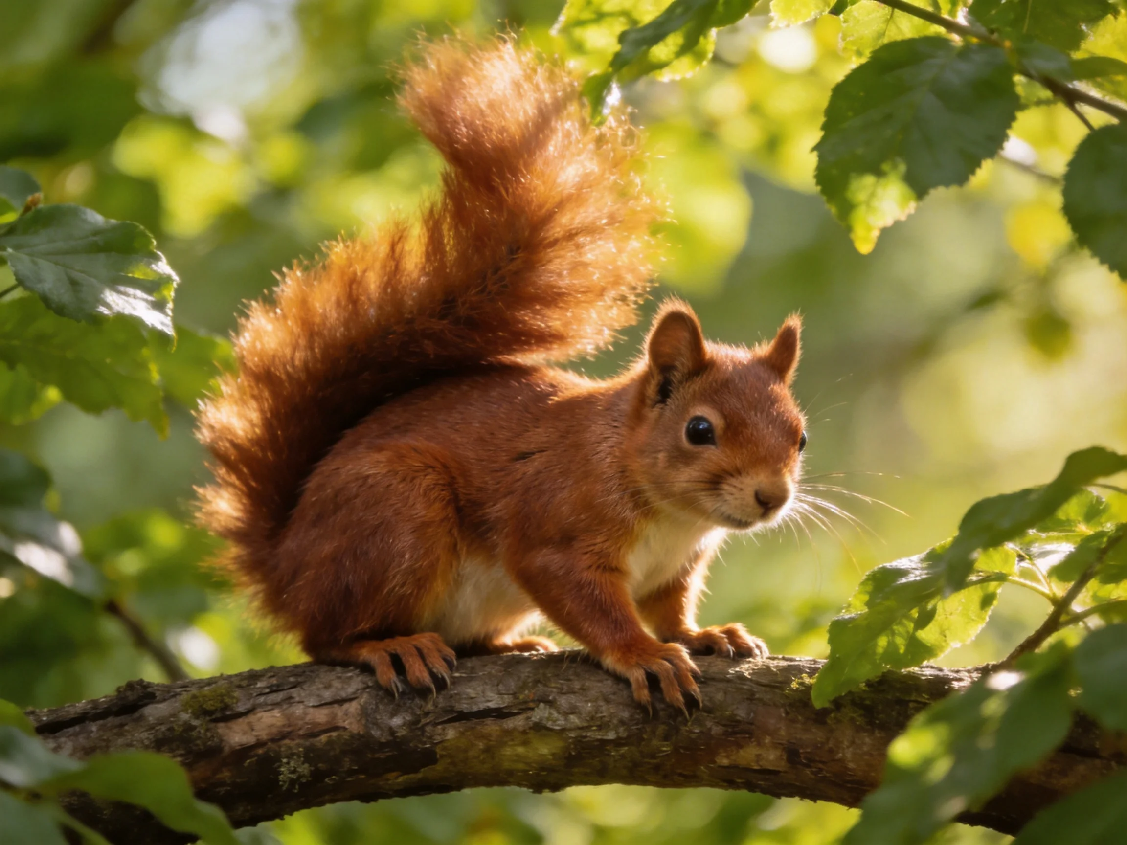 A red squirrel sits alertly on a tree branch surrounded by green leaves.