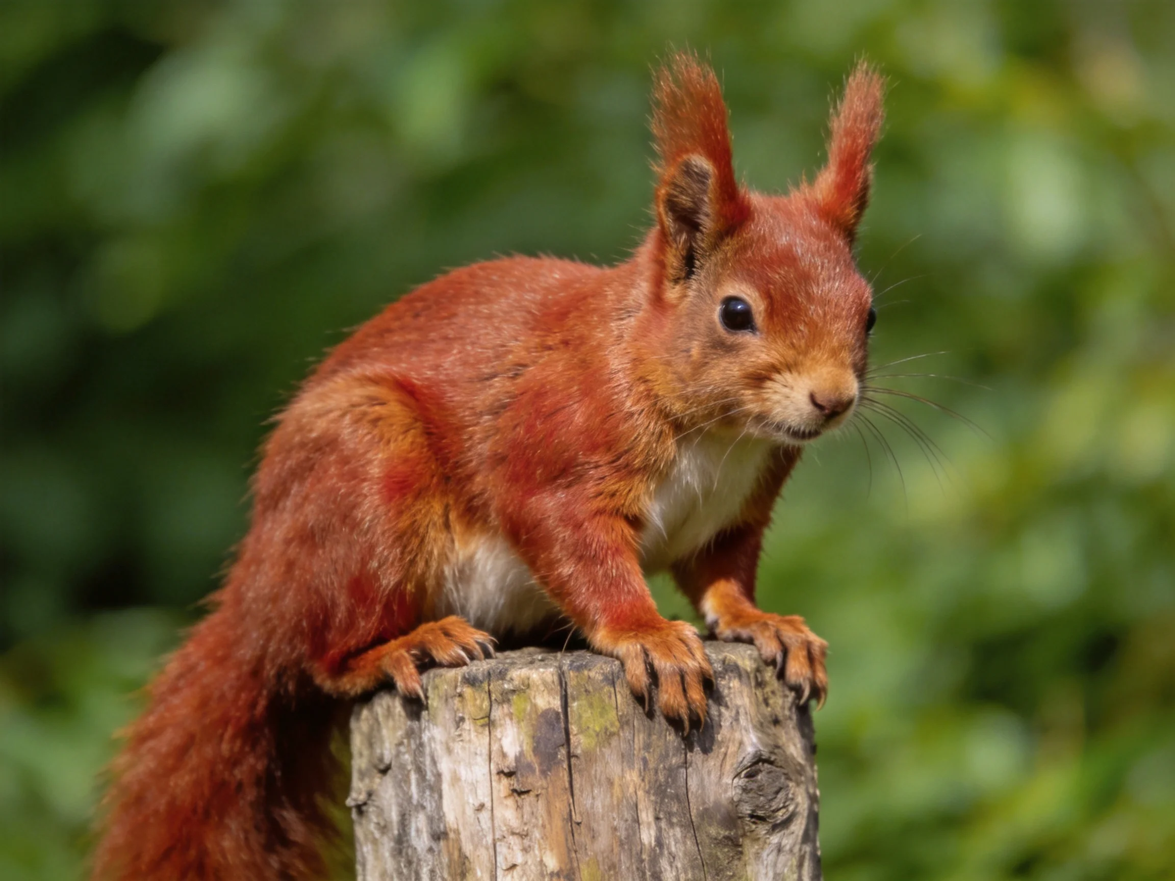 A red squirrel sits atop a weathered wooden stump.