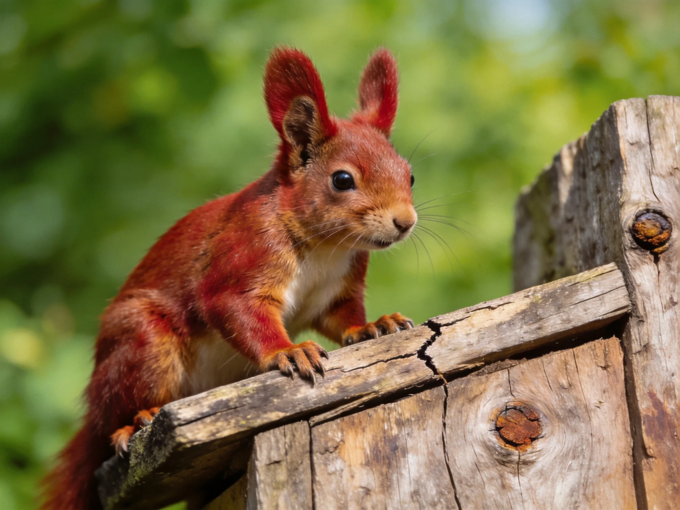 A red squirrel stands alert atop an old wooden structure.