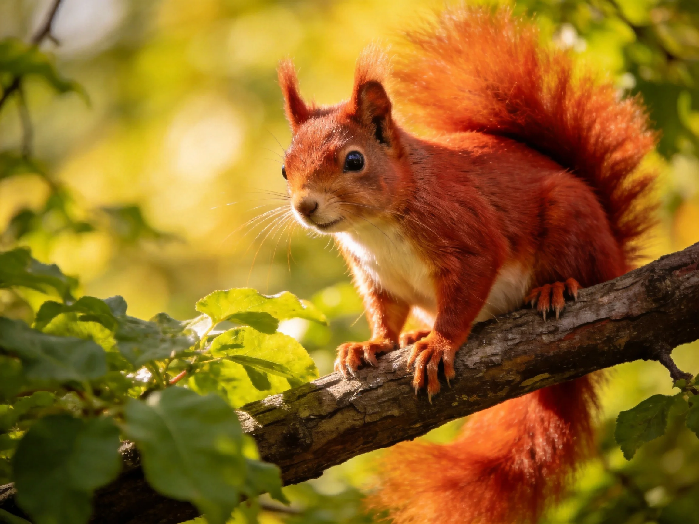 A vibrant red squirrel perches on a gnarled tree branch amid green foliage