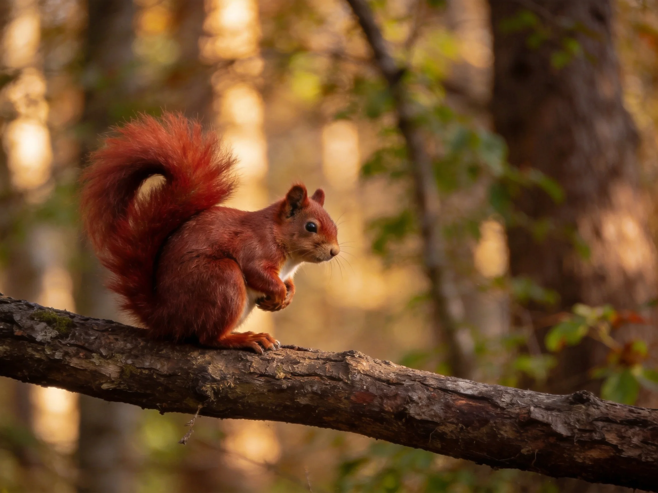 A red squirrel sits on a tree branch in a sunlit forest