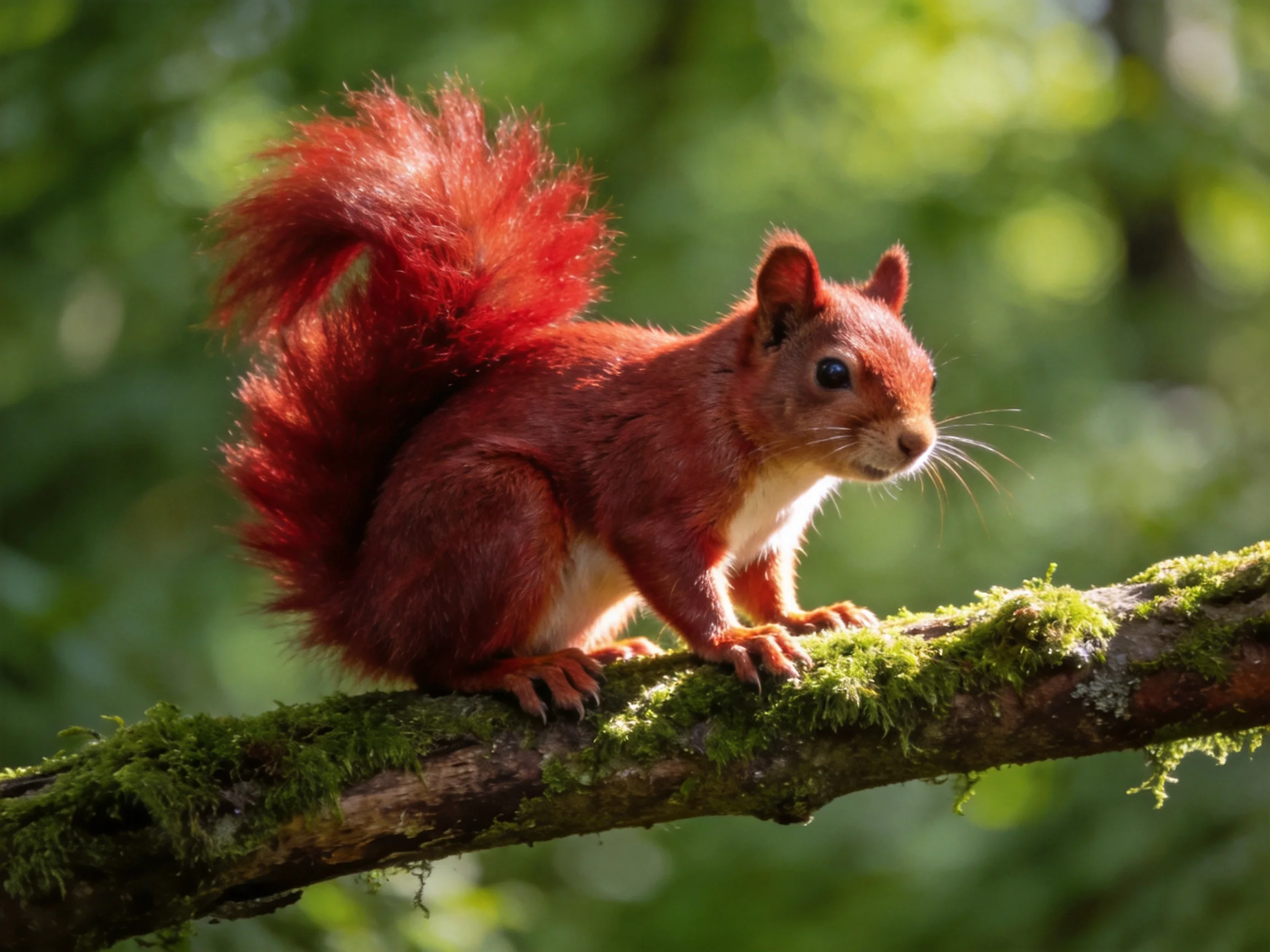 A red squirrel stands alert on a mossy branch amid a sunlit forest