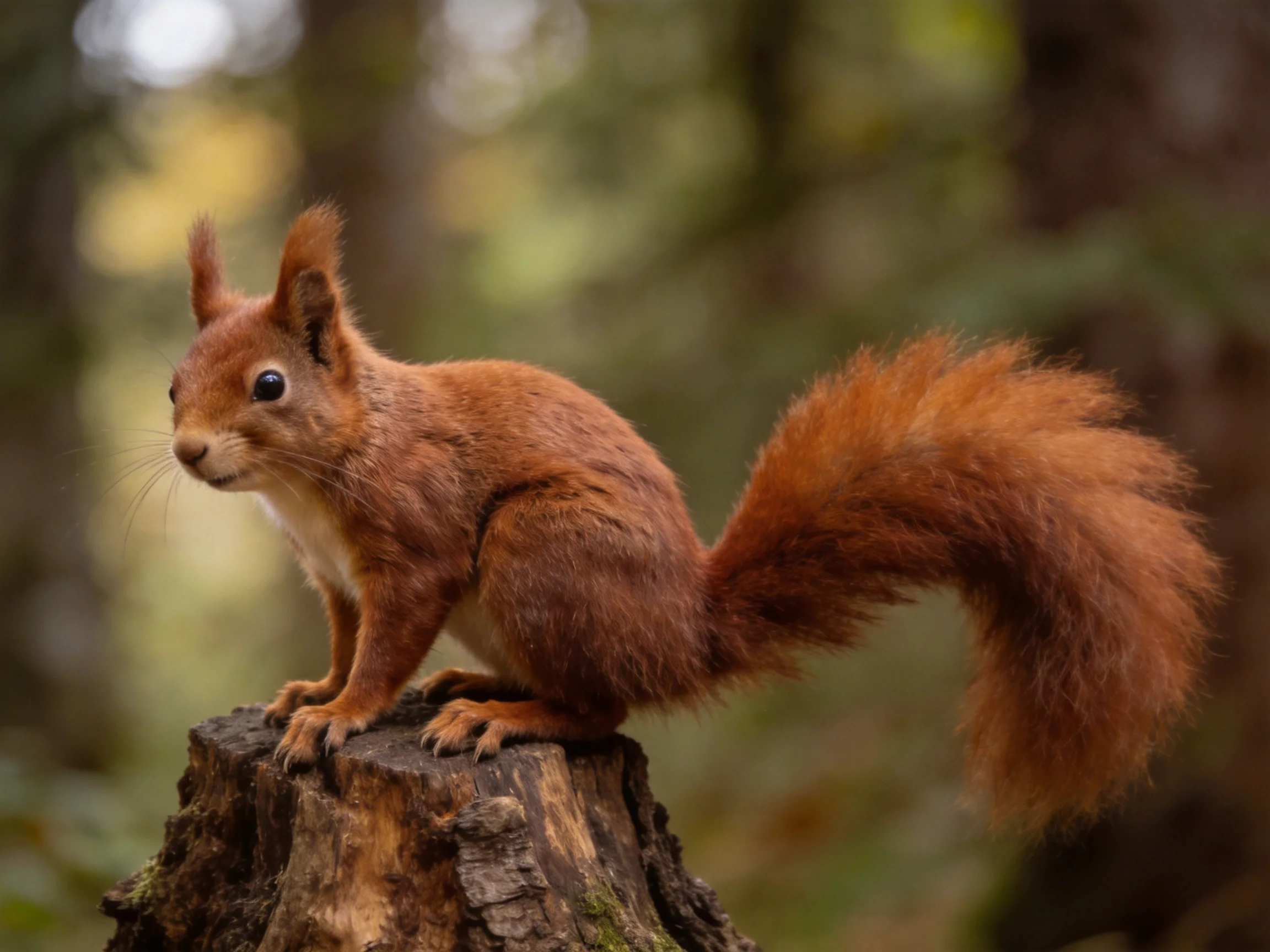 A red squirrel stands alert on a tree stump amid a softly blurred forest.