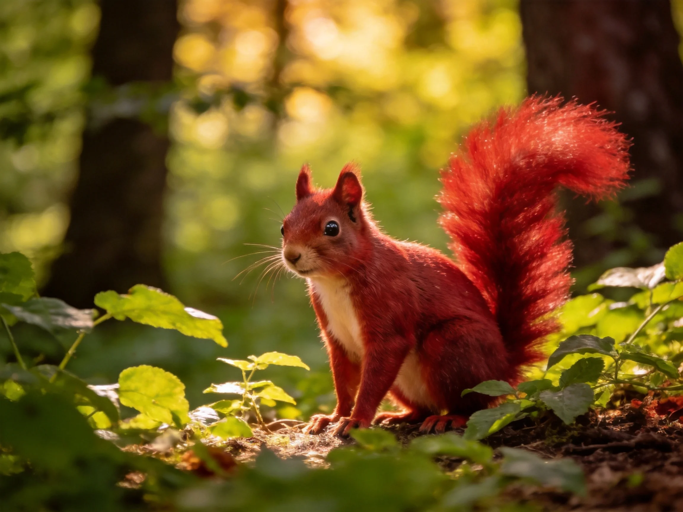 A vibrant red squirrel rests amid lush greenery in a sun-dappled forest