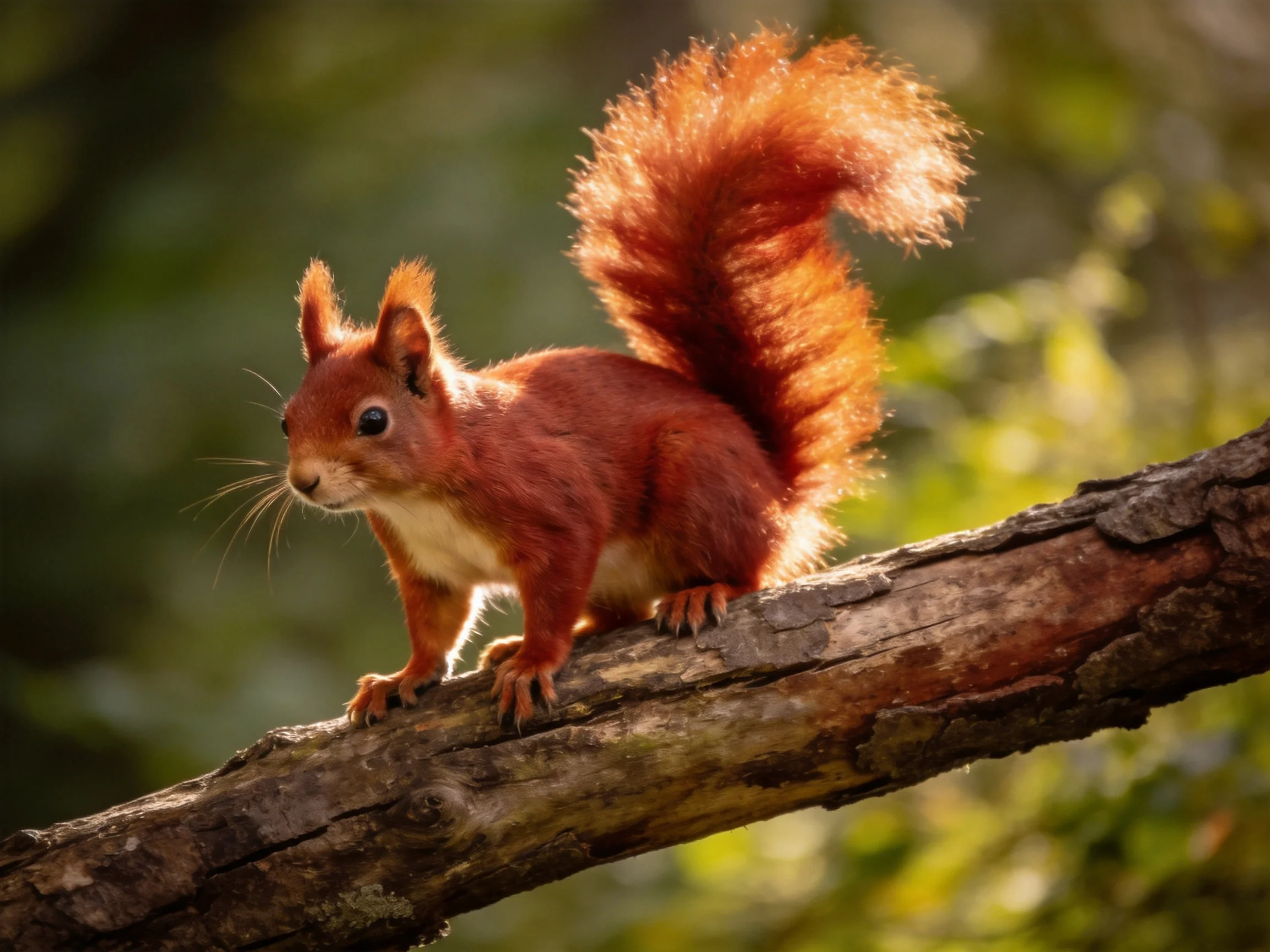 A vibrant red squirrel rests on a weathered tree branch
