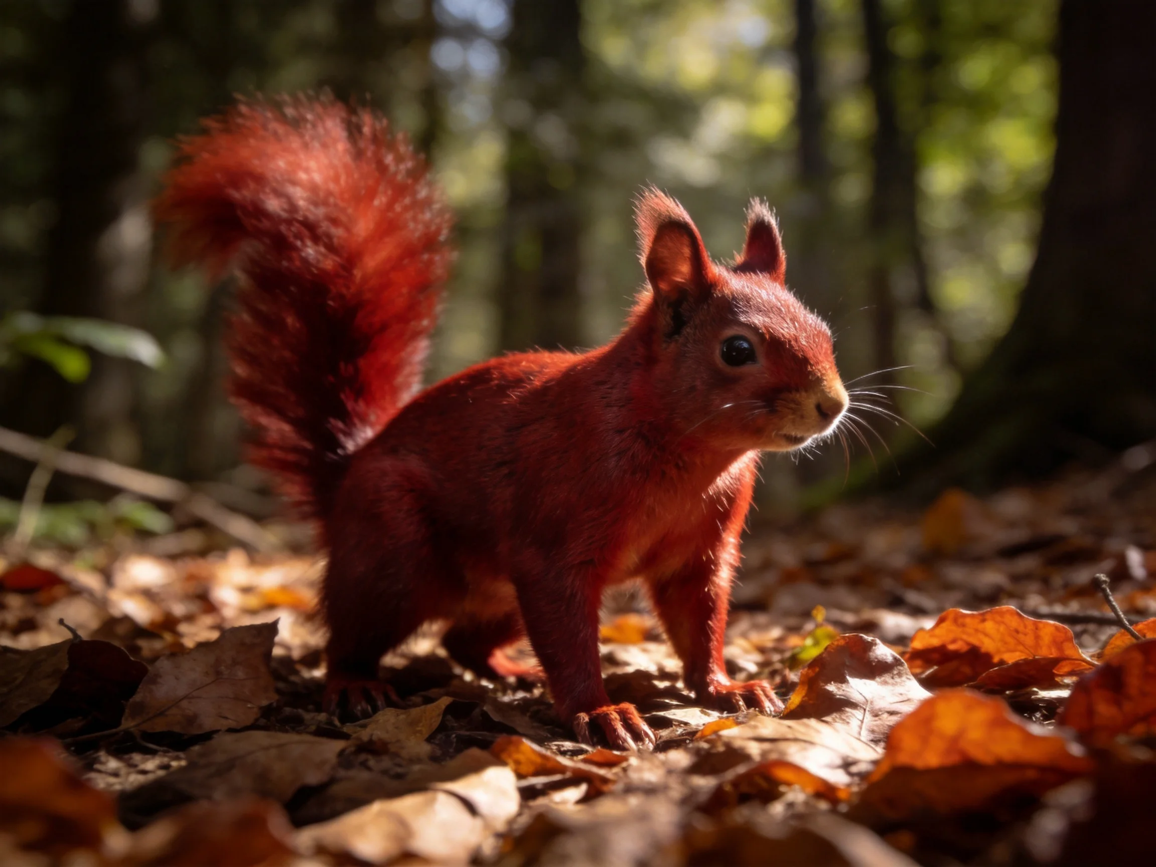 A vibrant red squirrel stands among autumn leaves in a sun-dappled forest