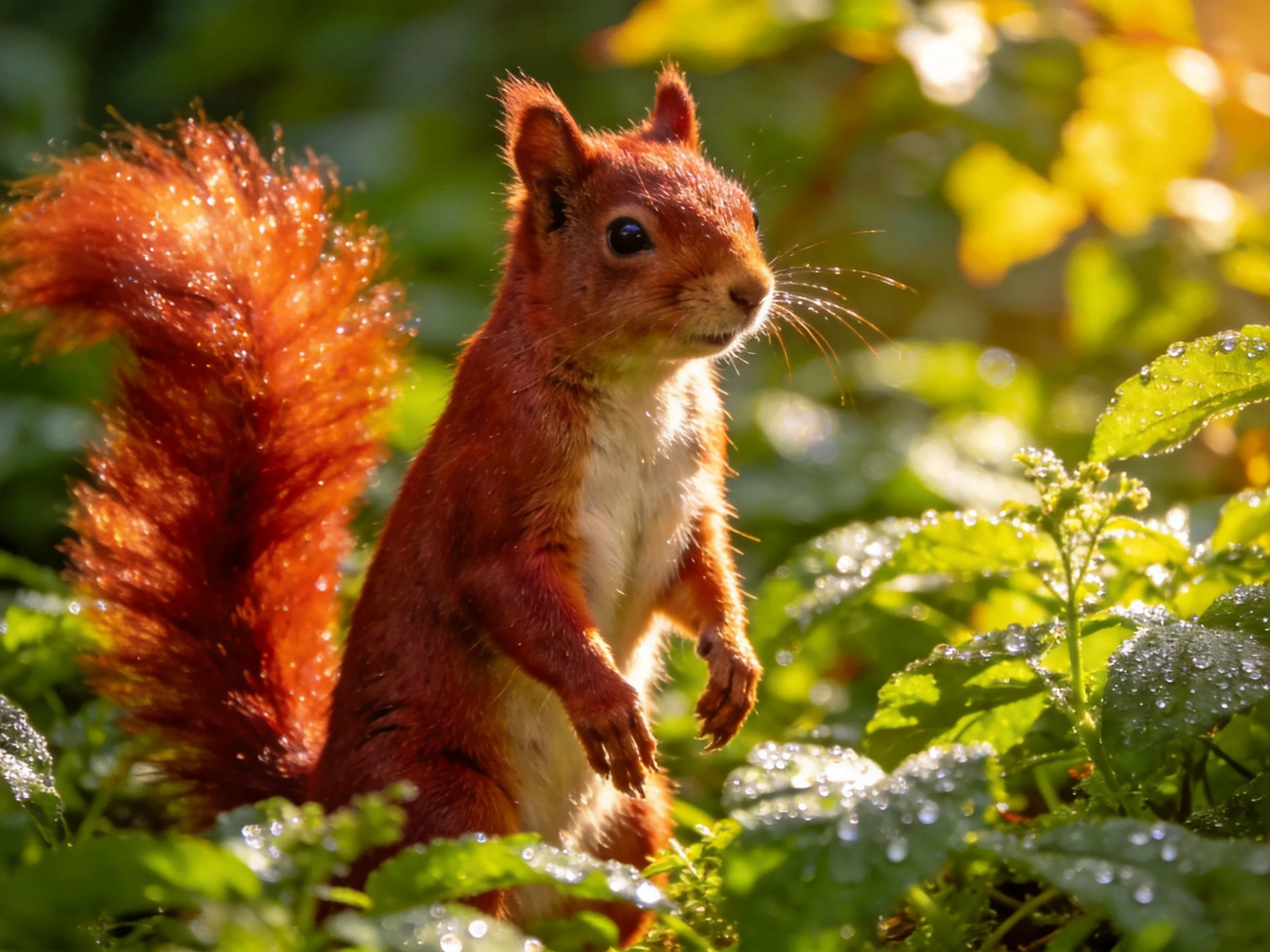A vibrant red squirrel stands among dew-dusted green plants in sunlight