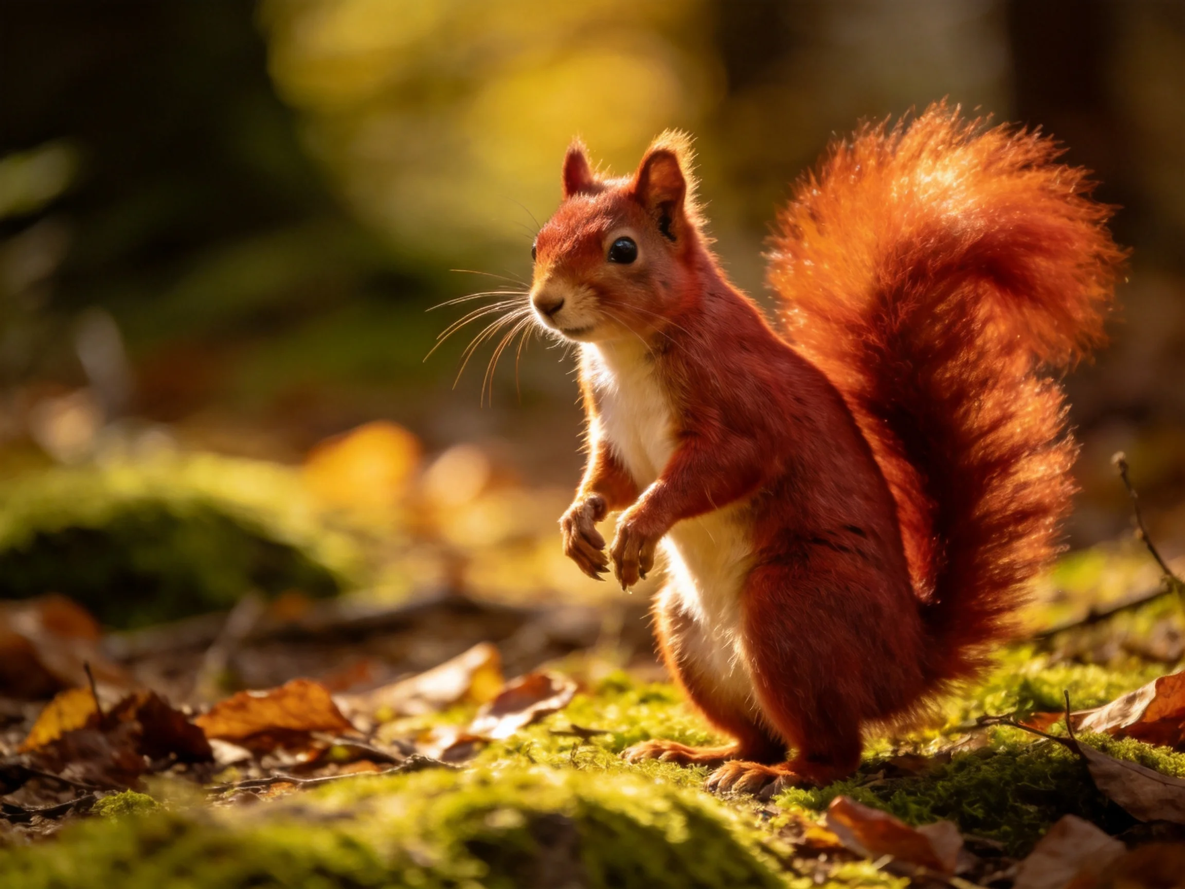 A vibrant red squirrel stands on mossy ground amid autumn foliage