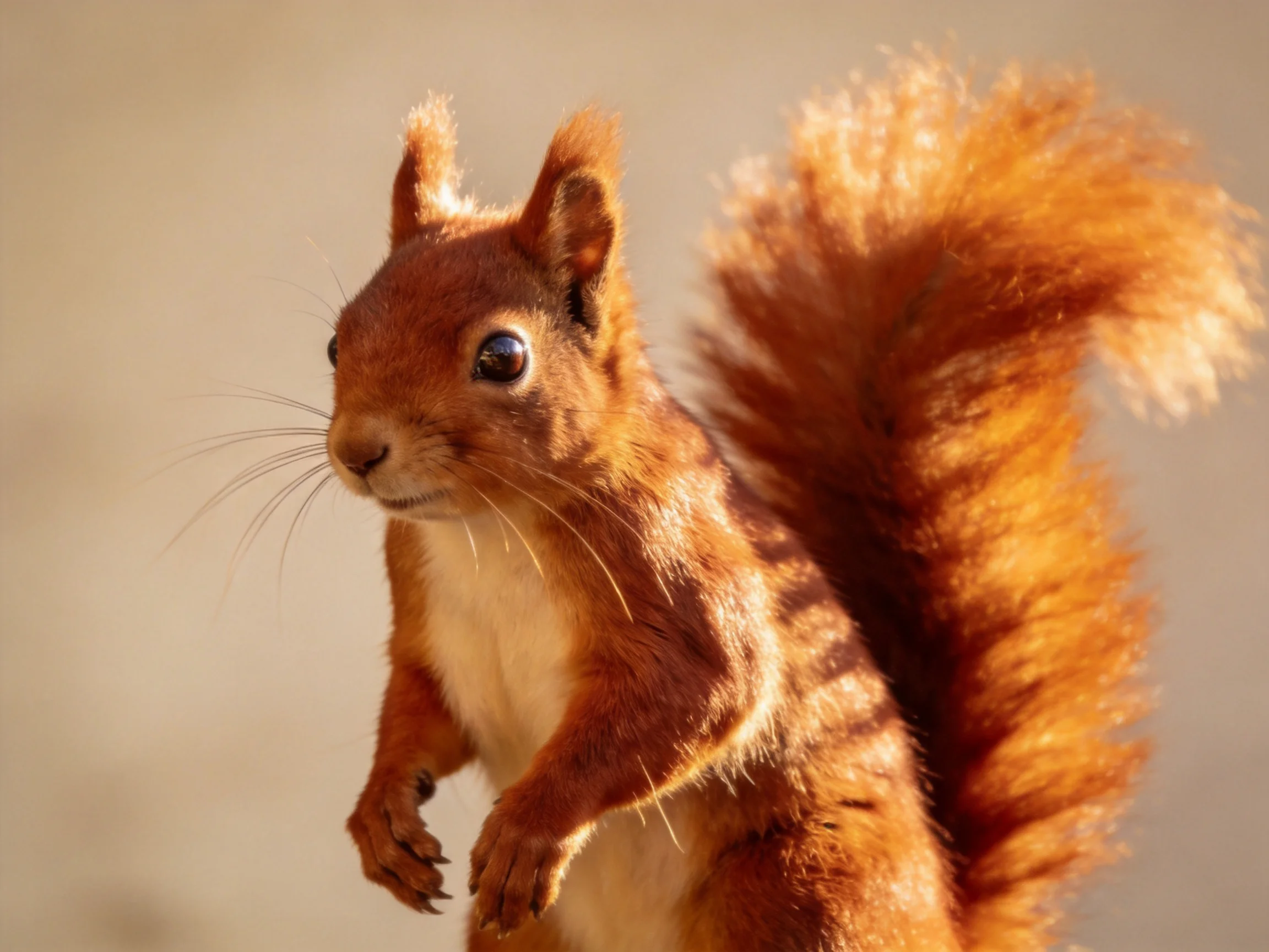 A vibrant red squirrel with a bushy golden tail stands alert
