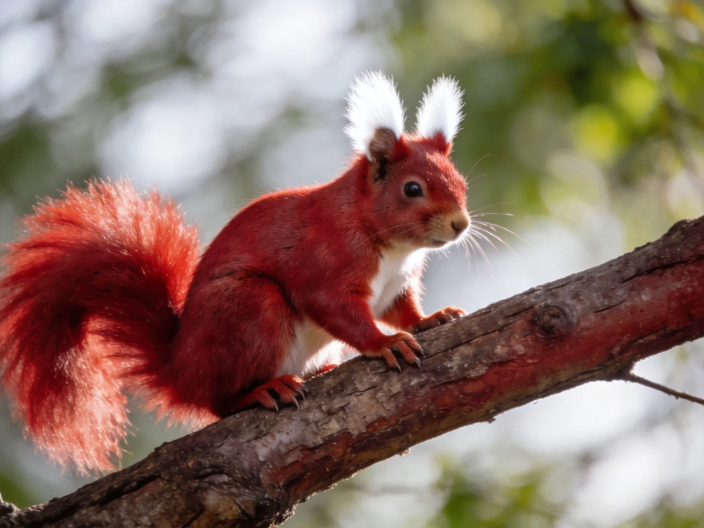 A red squirrel with white-tipped ears perches on a tree branch.