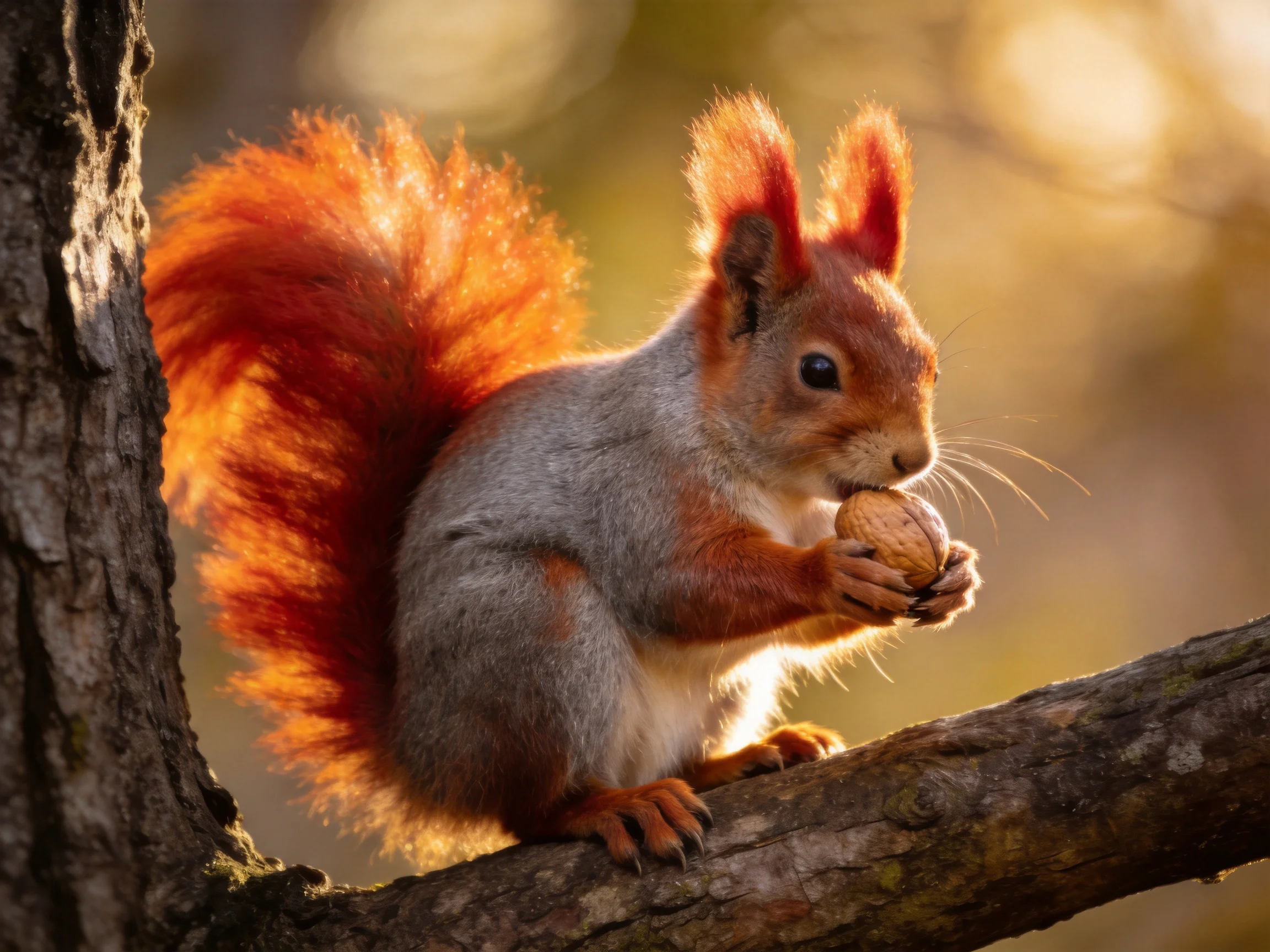 A squirrel with a bright red tail eats a nut while perched on a tree branch.