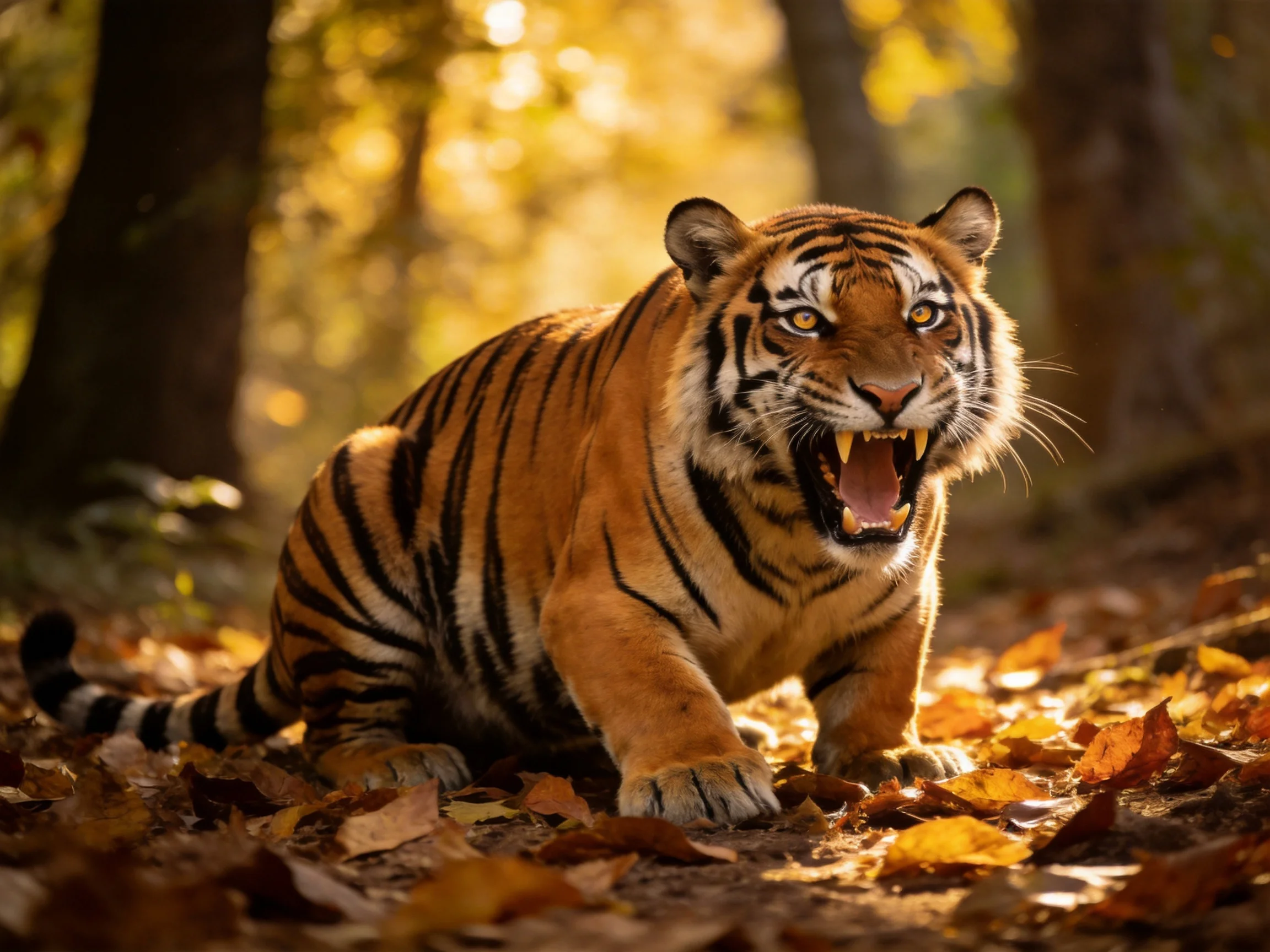 A vibrant tiger with bold black stripes explores a sunlit forest clearing