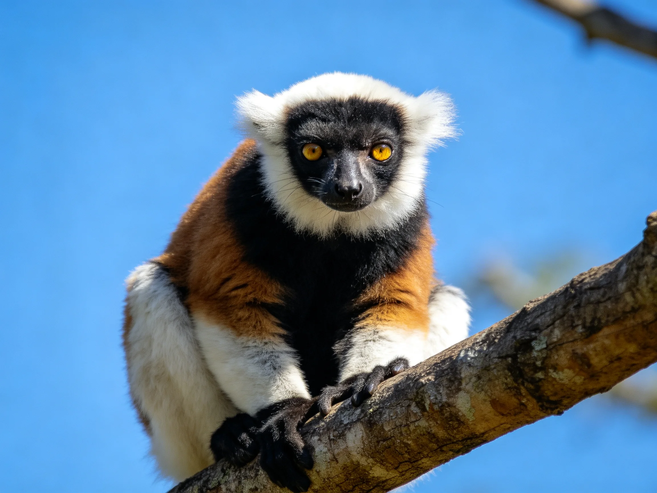 A vibrantly colored lemur with white, brown, and black fur perches on a tree branch