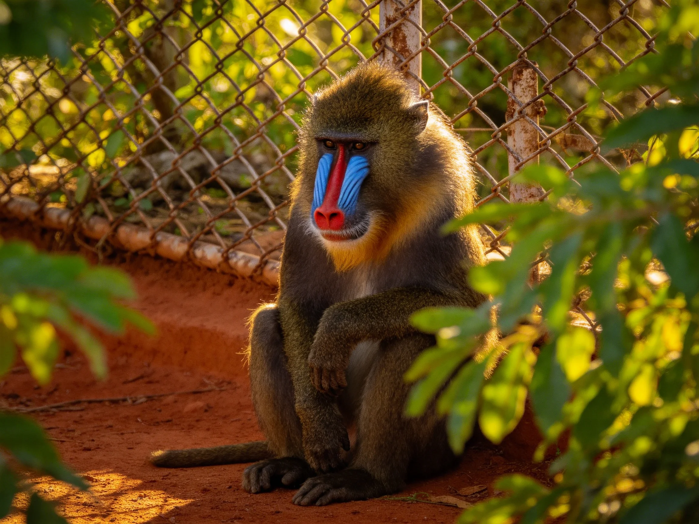 A vibrantly colored mandrill rests by a chain-link fence amid lush greenery.