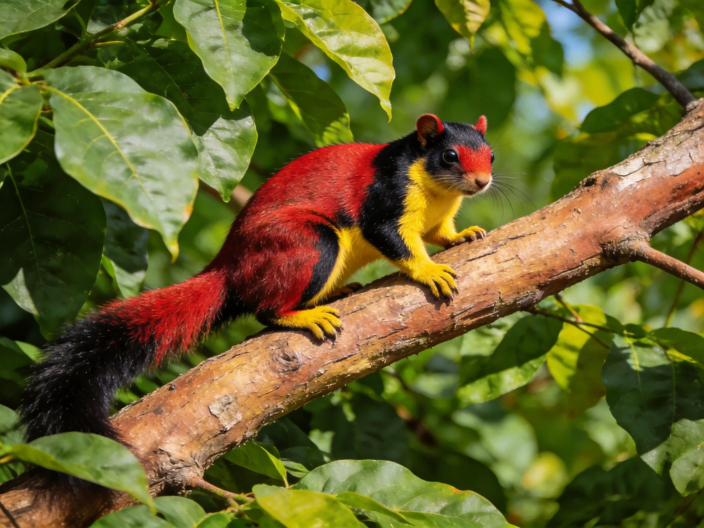 A brightly colored squirrel rests on a tree branch surrounded by green leaves.