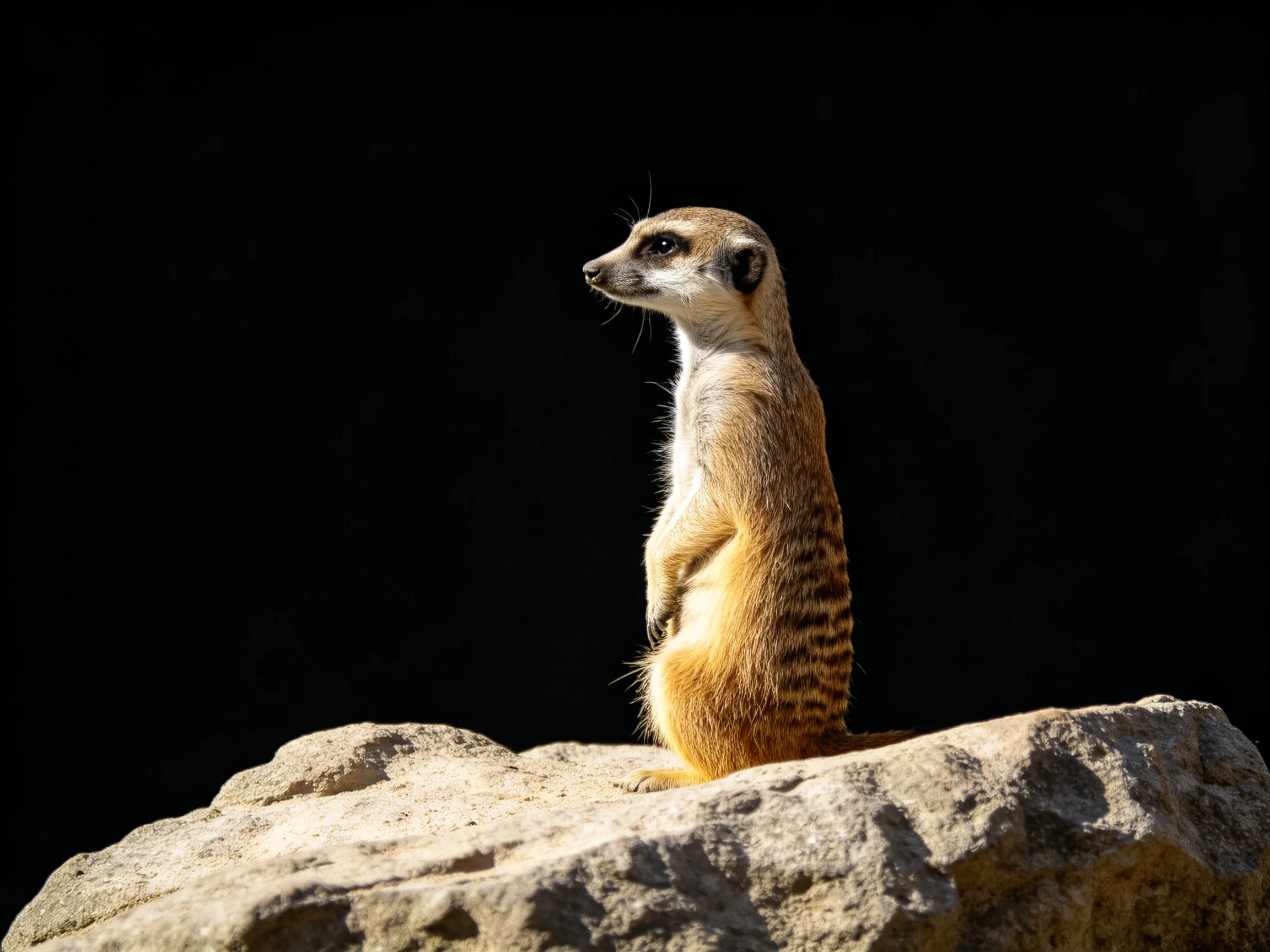 A vigilant meerkat perched atop a large gray rock with a dark backdrop