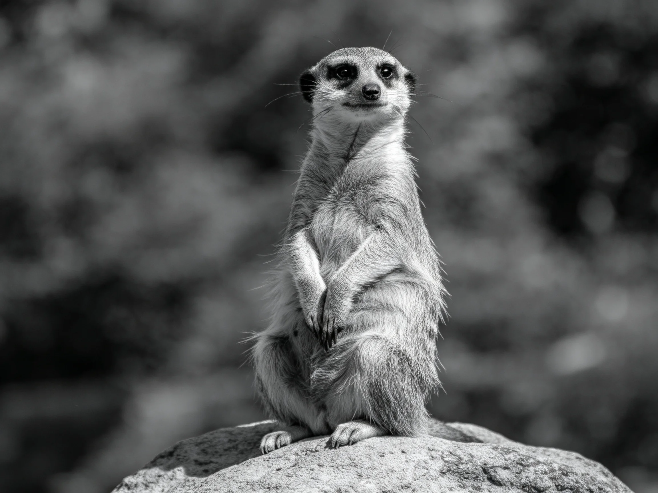 A vigilant meerkat perched on a large rock in monochrome