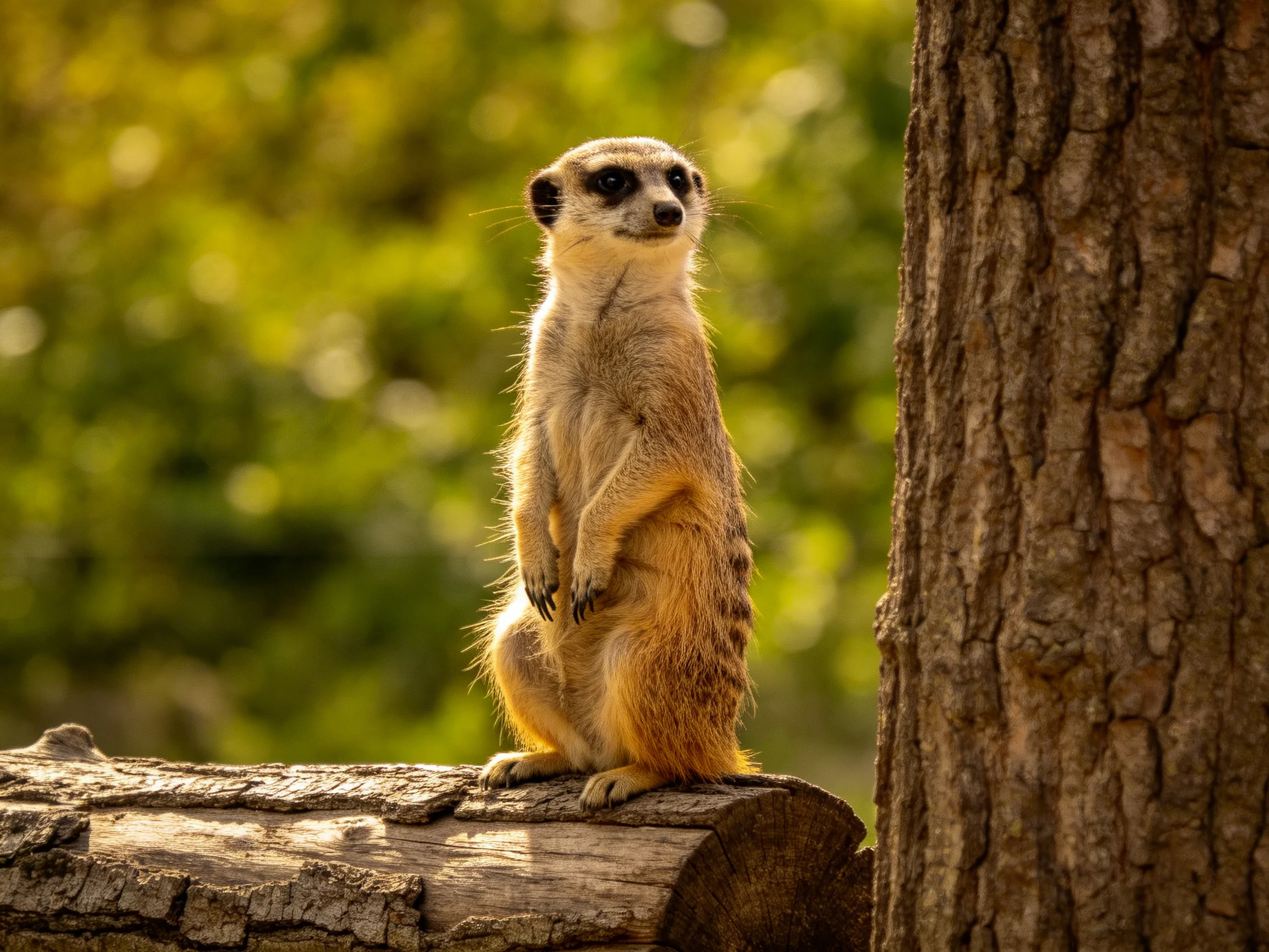 A vigilant meerkat sits atop a weathered log beside a large tree trunk