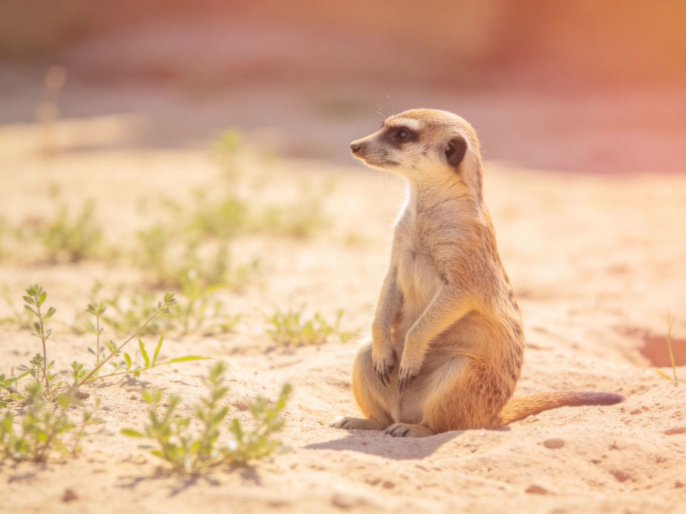 A vigilant meerkat sits on sunlit sandy terrain near small green shrubs