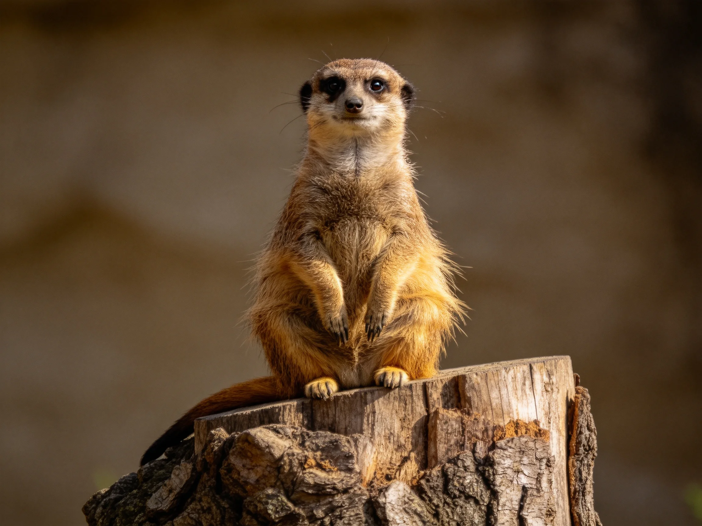 A vigilant meerkat sits upright on a weathered wooden stump