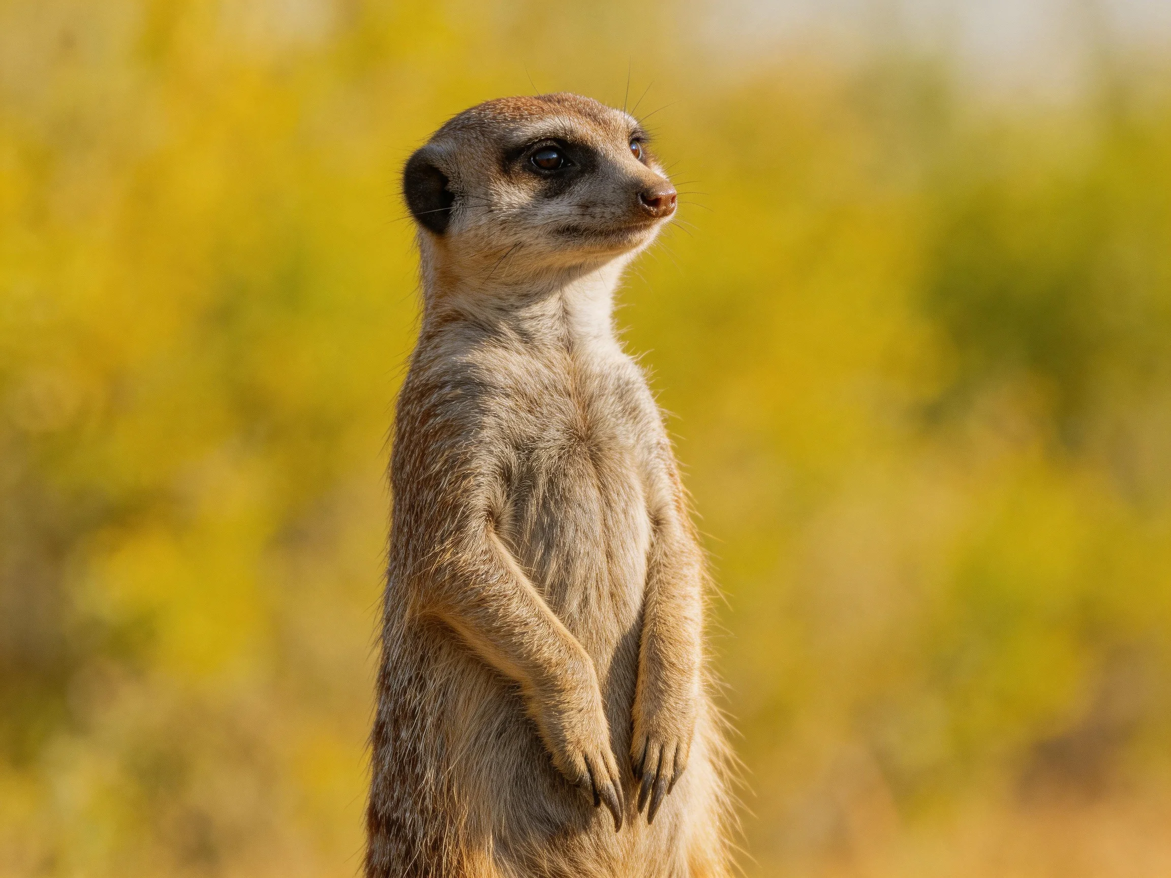 A vigilant meerkat stands against a golden-yellow blurred savannah backdrop