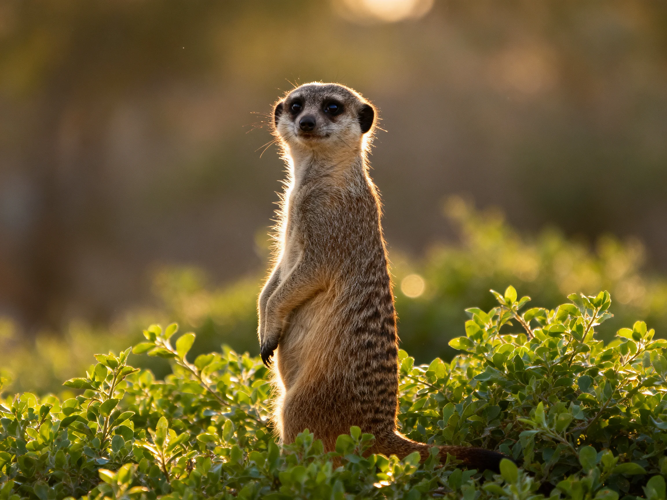 A meerkat stands alert among greenery in a sunlit setting.