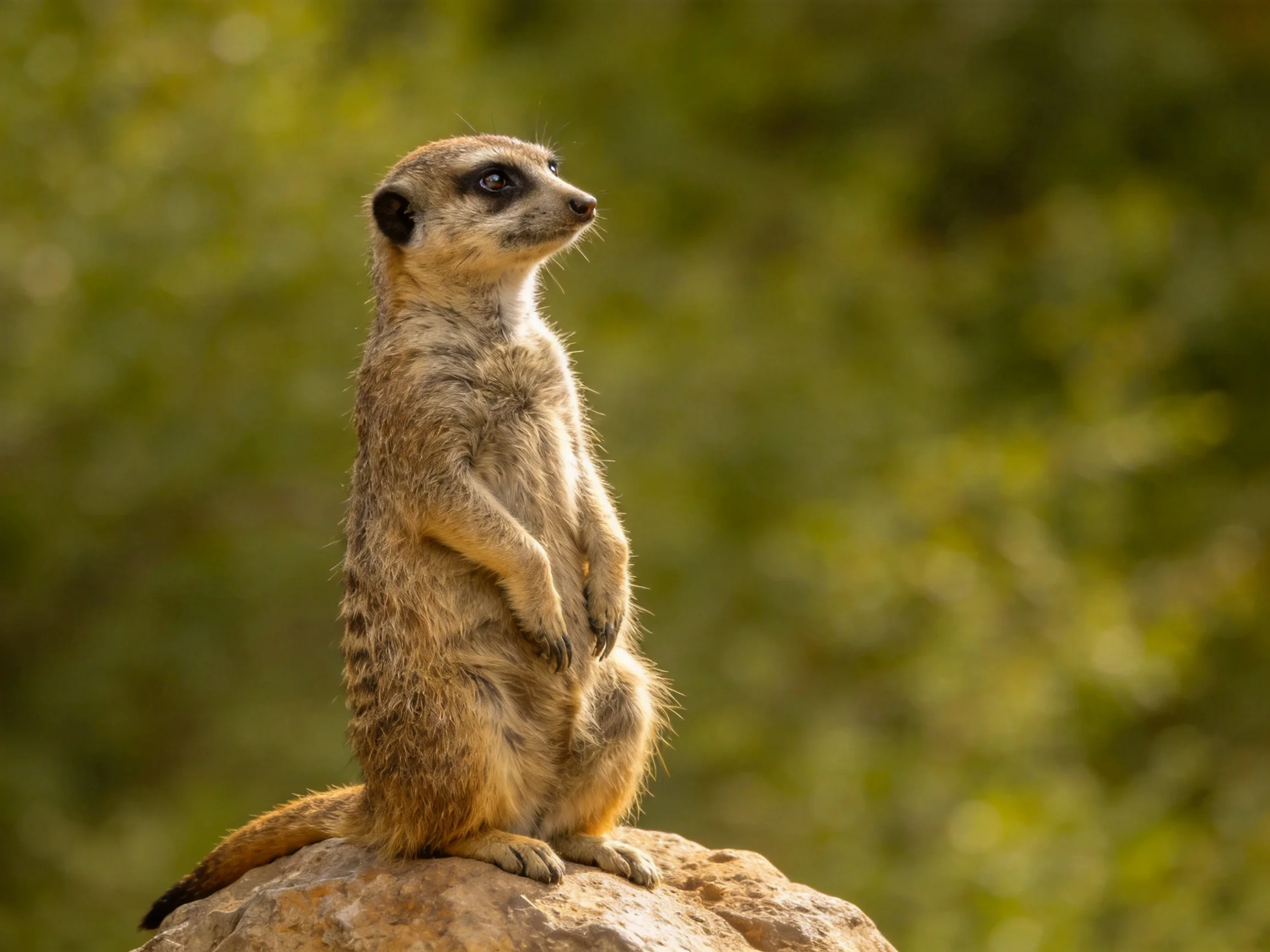 A vigilant meerkat stands atop a large brown rock amid green foliage