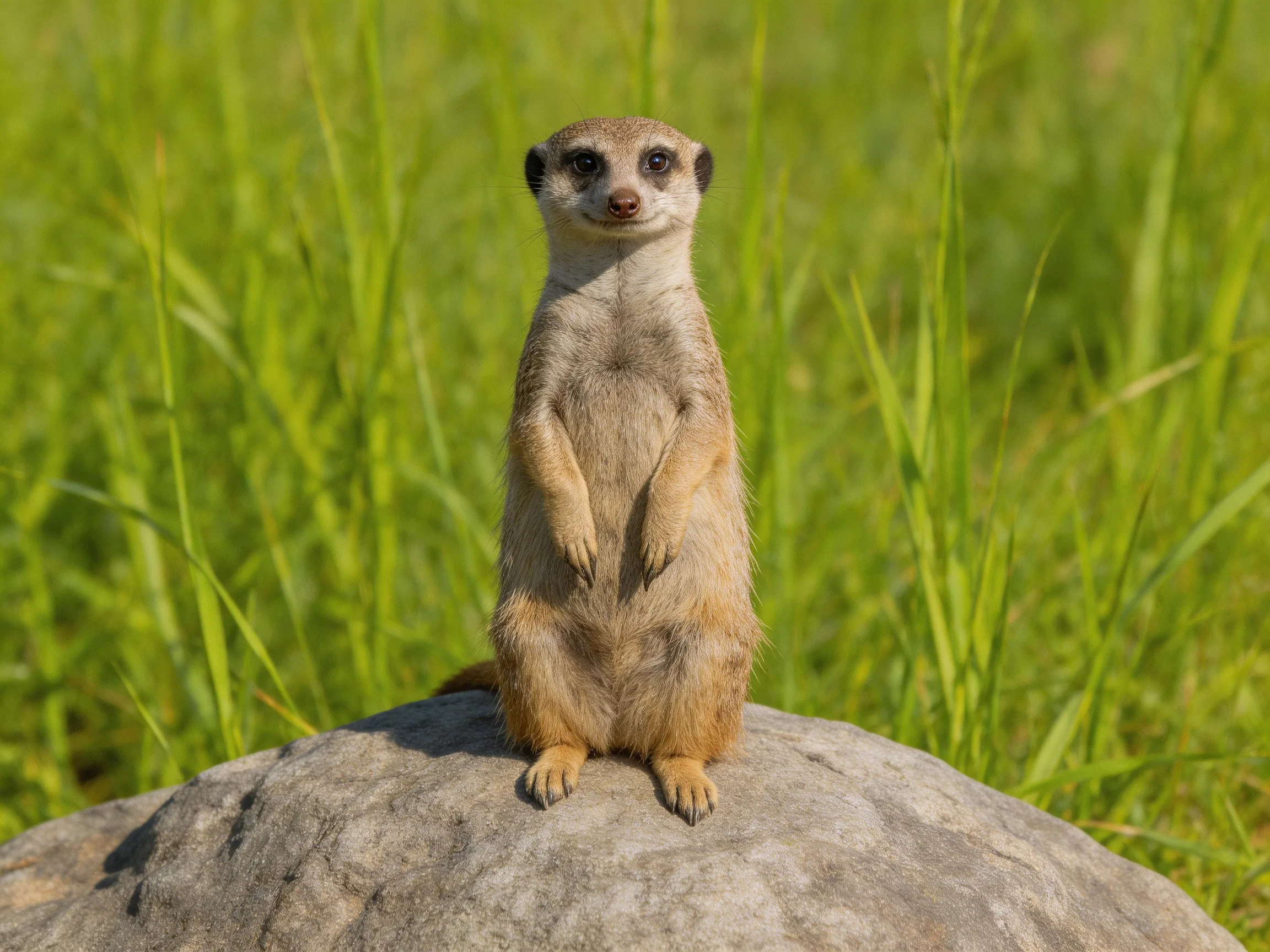 A vigilant meerkat stands atop a large gray rock amid lush green grass